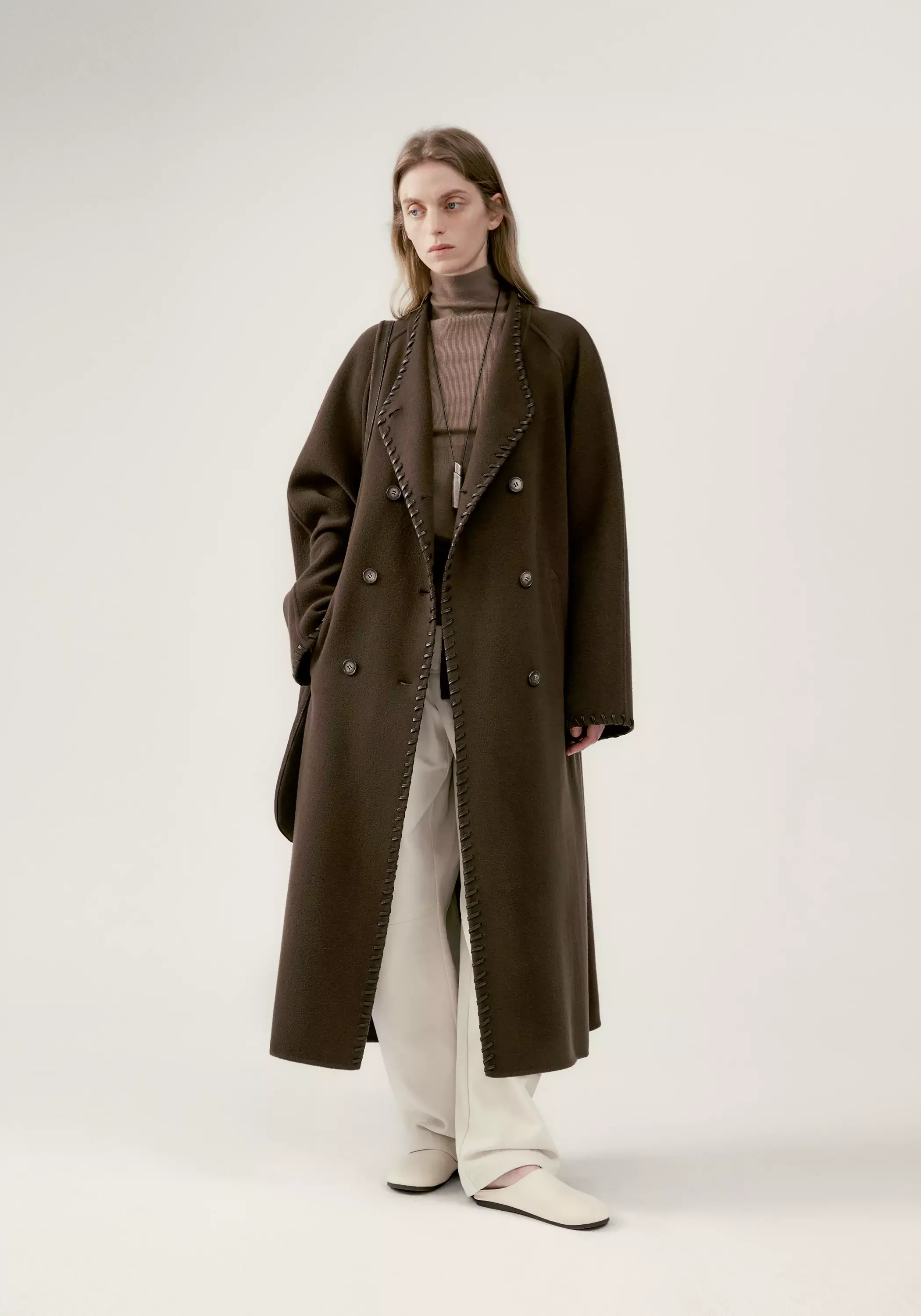 Long Leather Trimmed Wool Coat