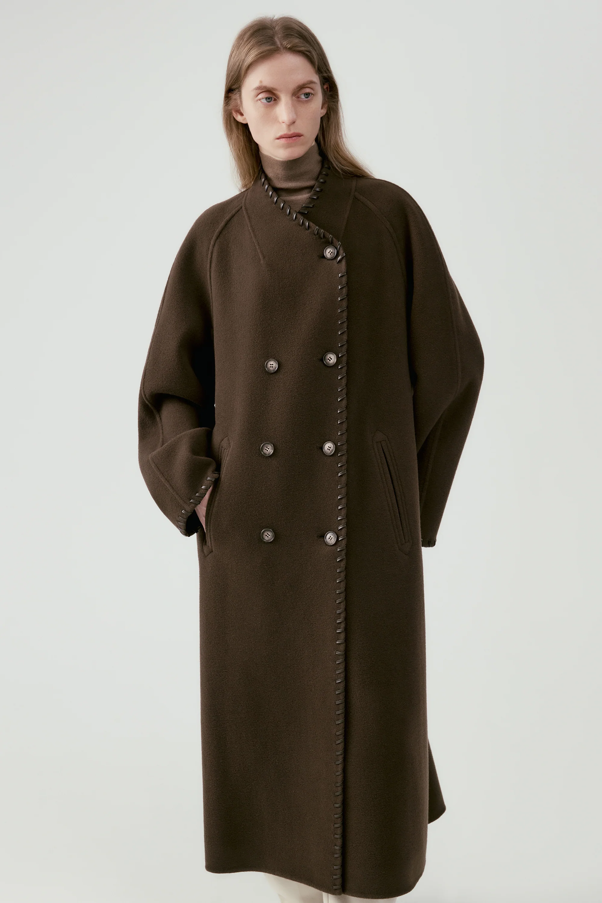Long Leather Trimmed Wool Coat - Image 10