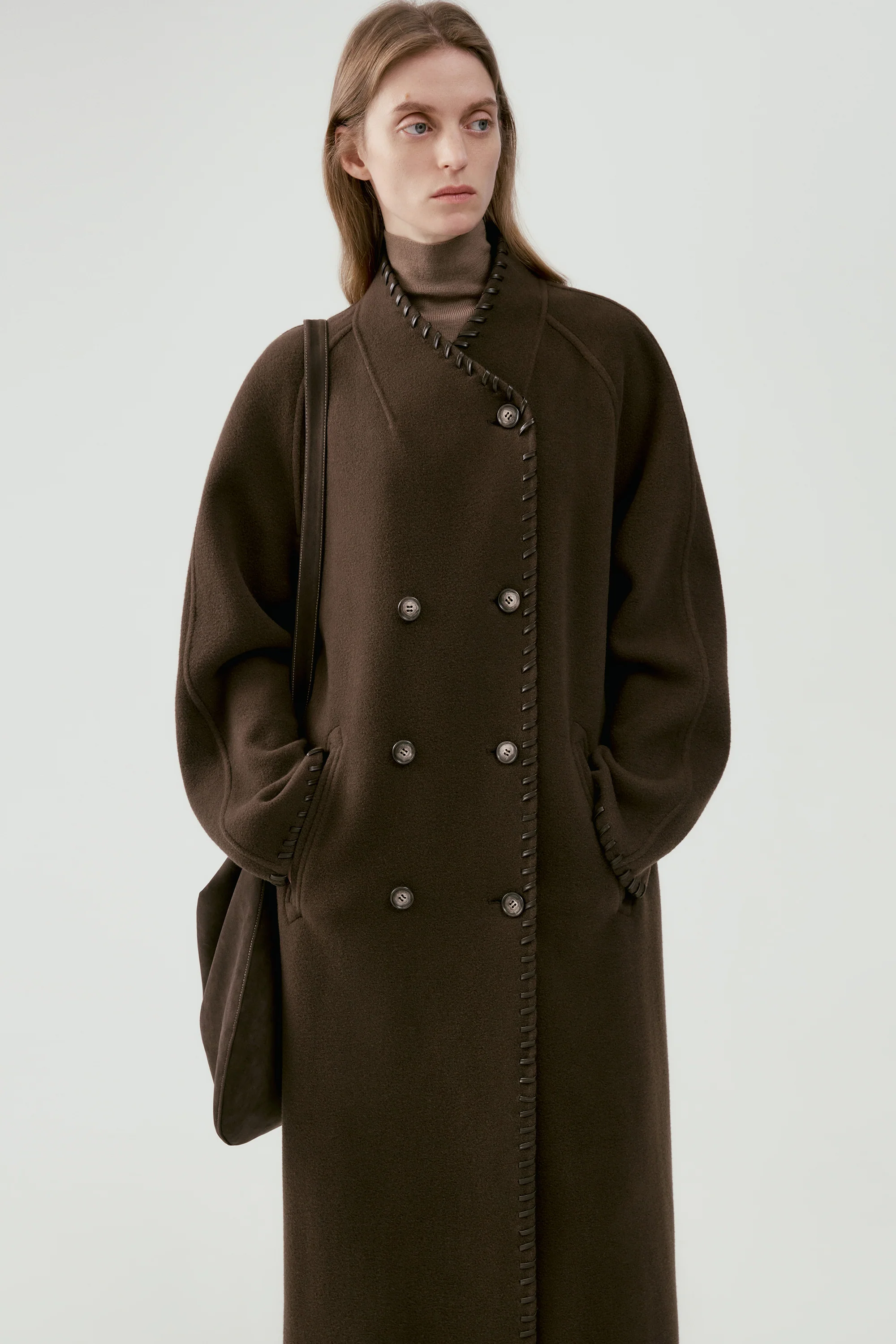 Long Leather Trimmed Wool Coat - Image 11
