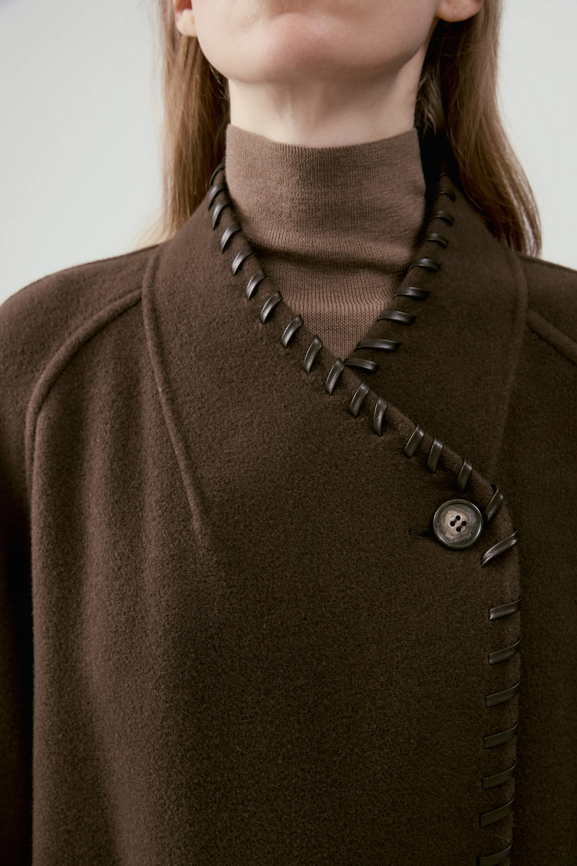 Long Leather Trimmed Wool Coat - Image 12