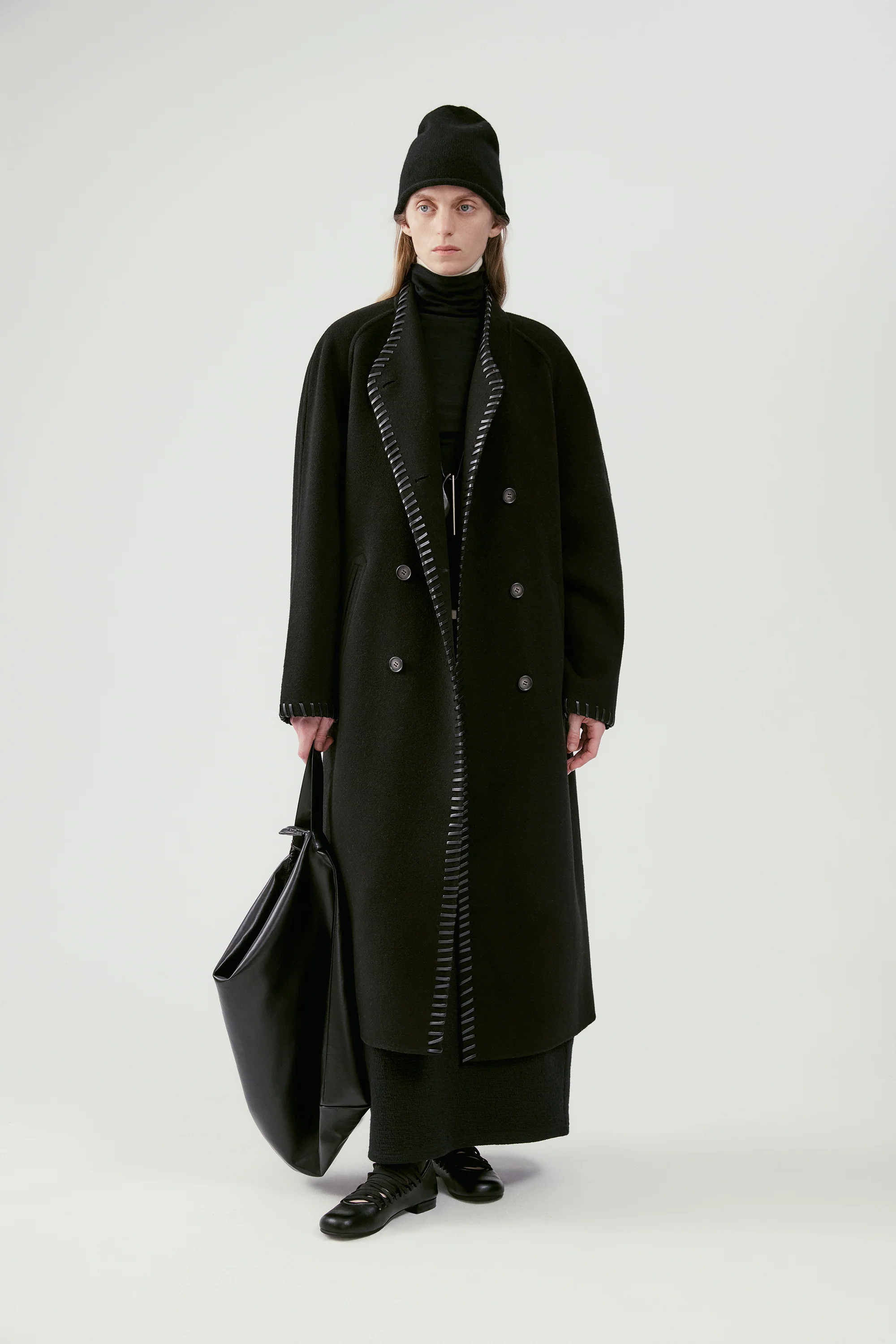 Long Leather Trimmed Wool Coat - Image 13