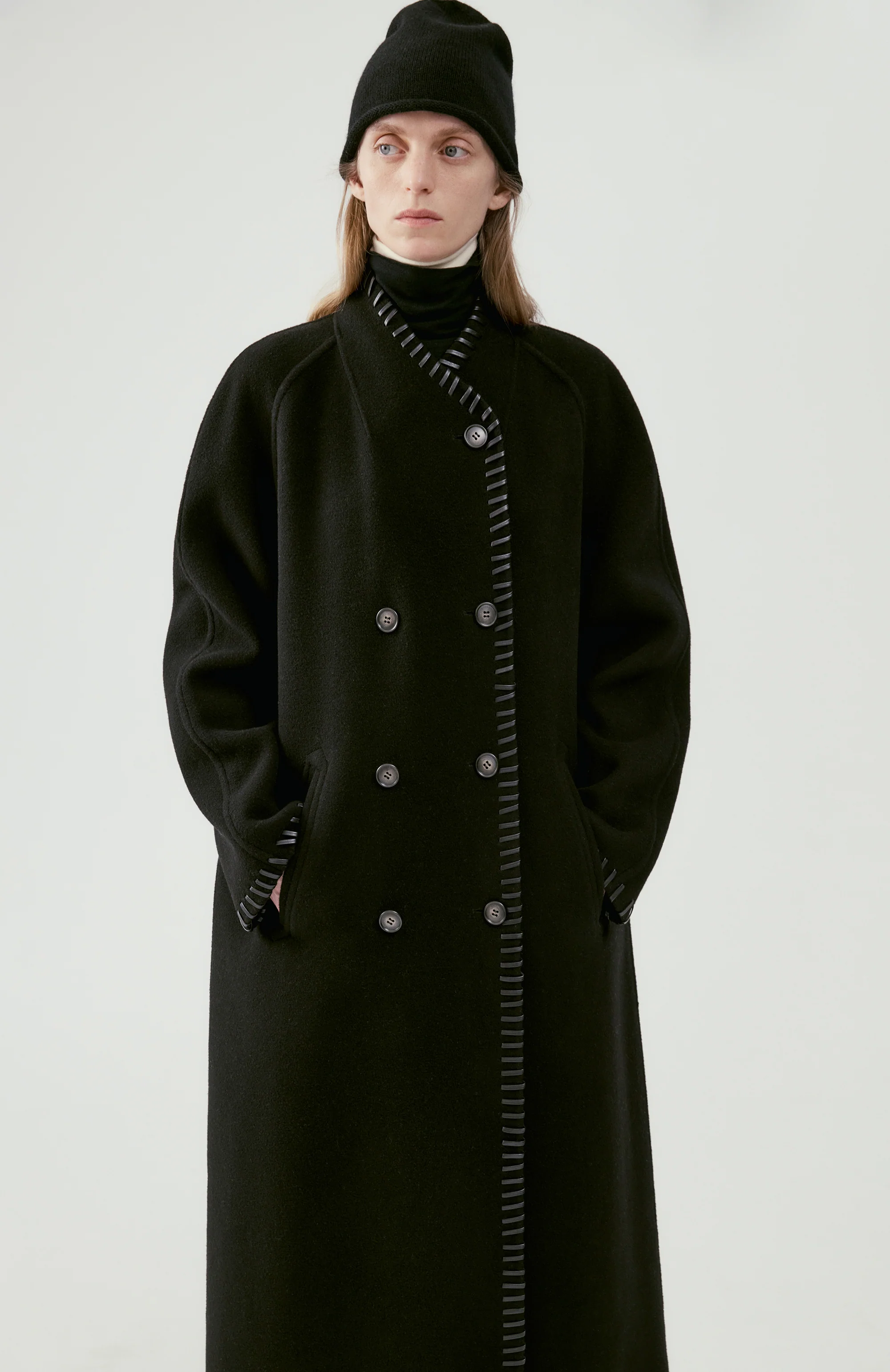 Long Leather Trimmed Wool Coat - Image 15