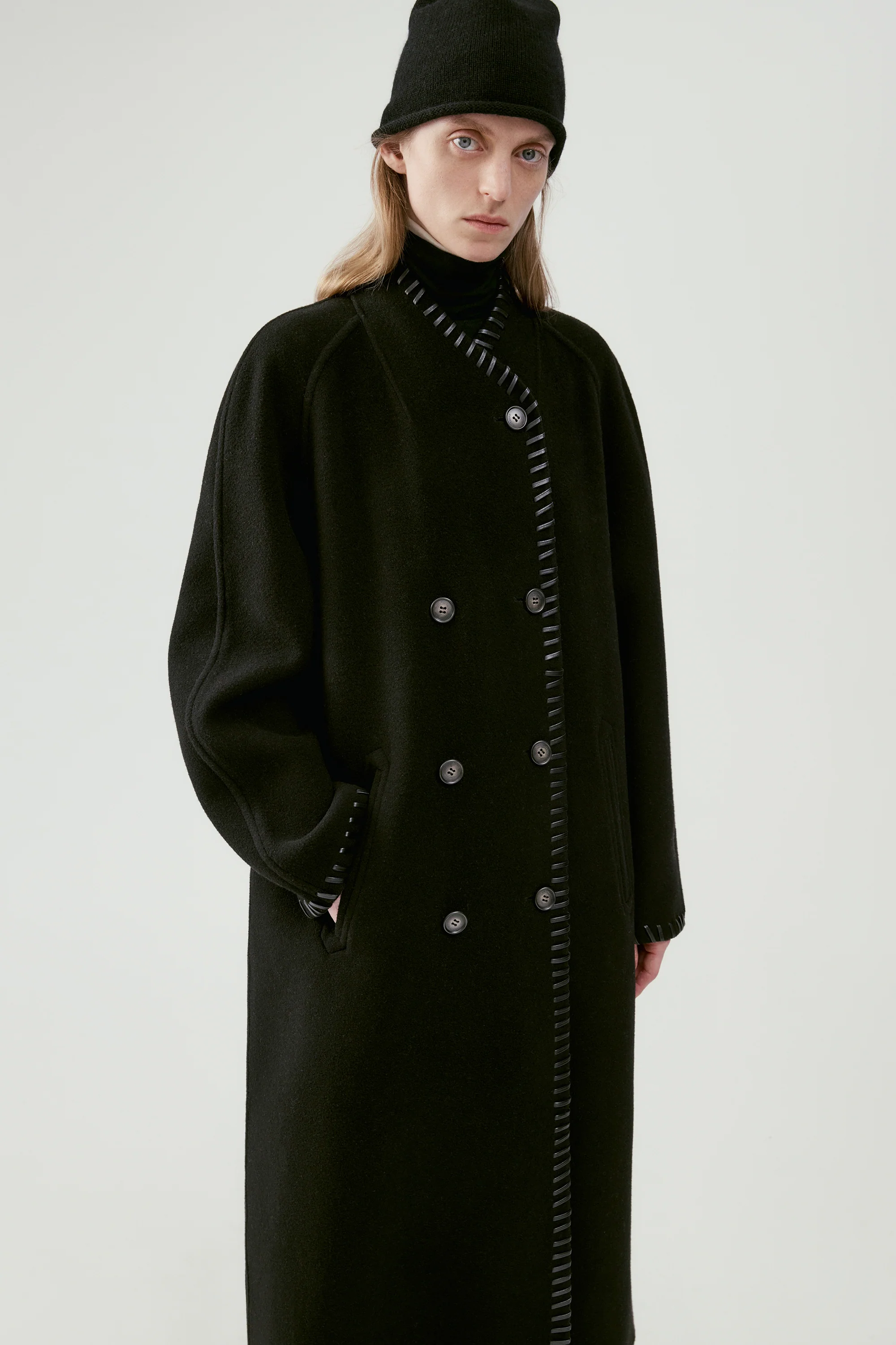 Long Leather Trimmed Wool Coat - Image 16