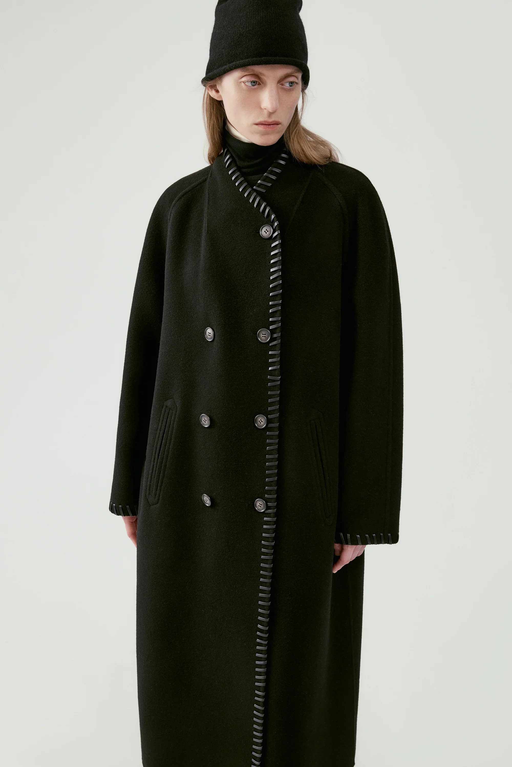 Long Leather Trimmed Wool Coat - Image 17