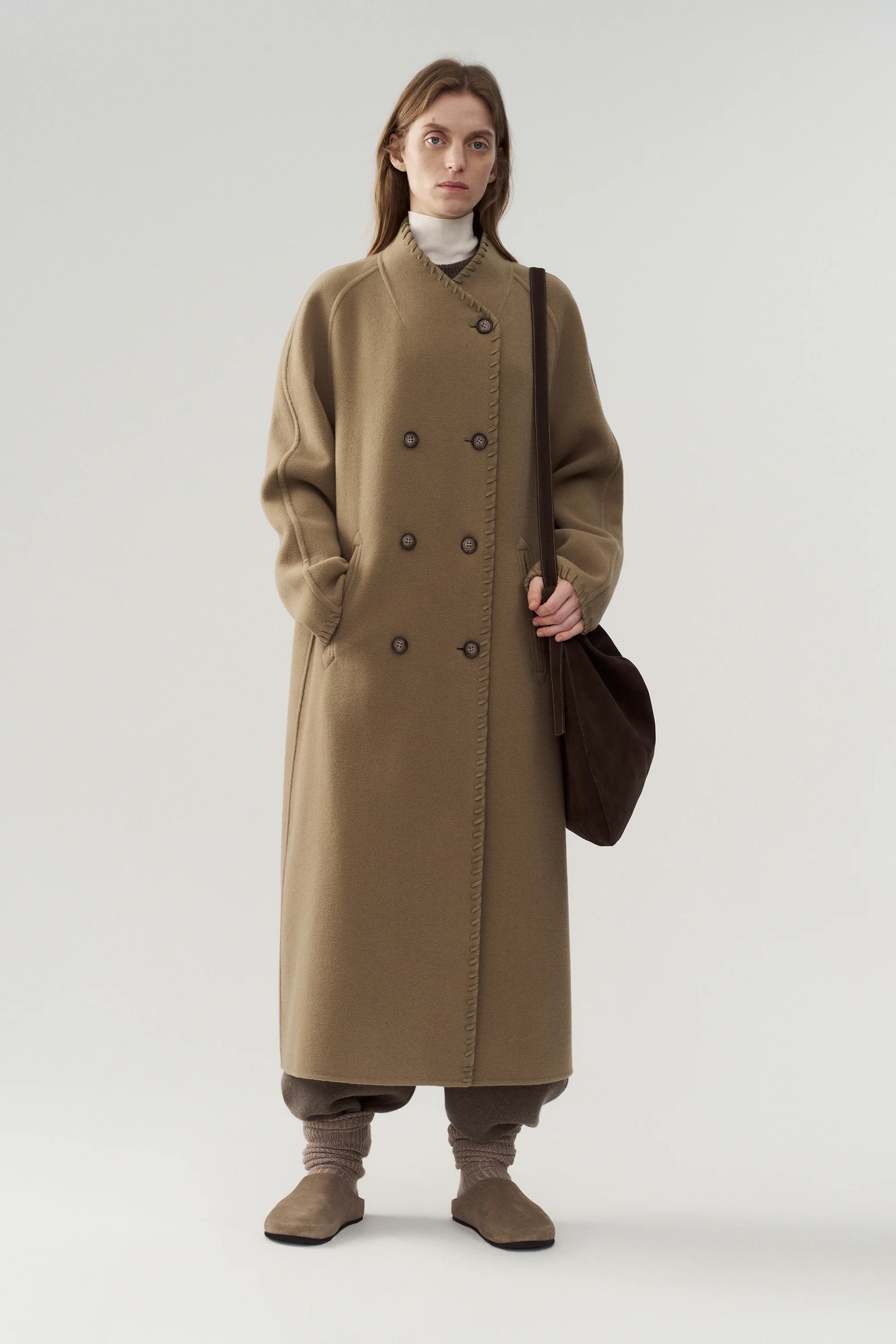 Long Leather Trimmed Wool Coat - Image 18