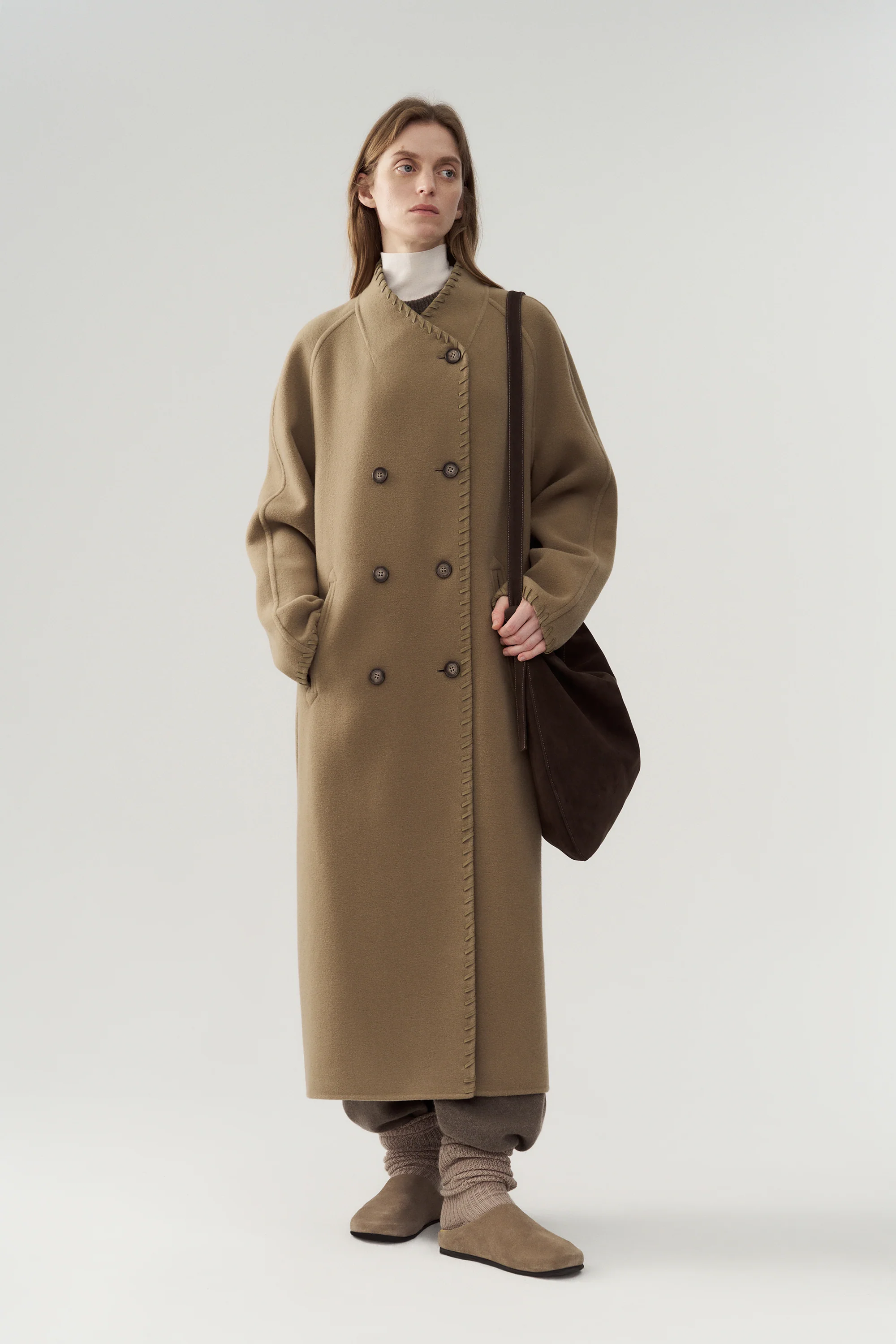 Long Leather Trimmed Wool Coat - Image 19