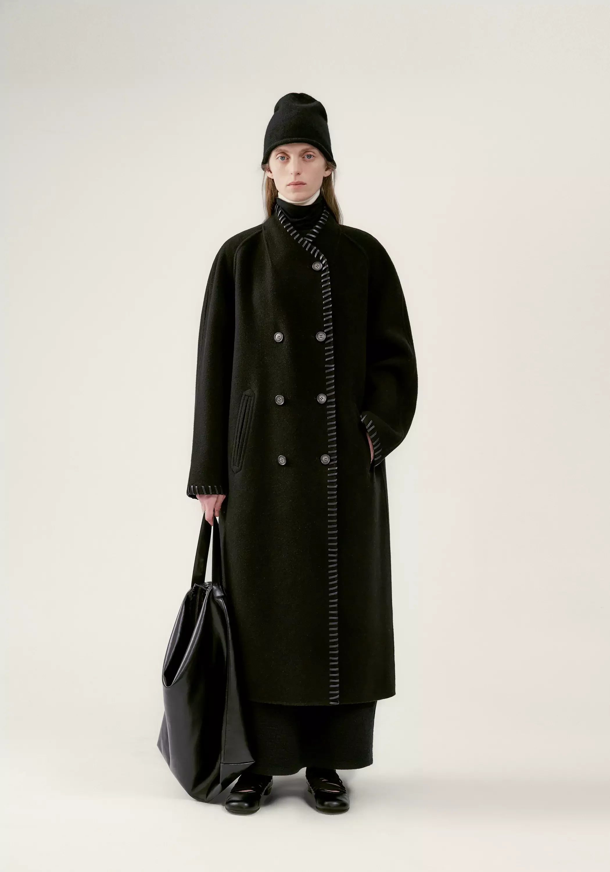 Long Leather Trimmed Wool Coat - Image 2