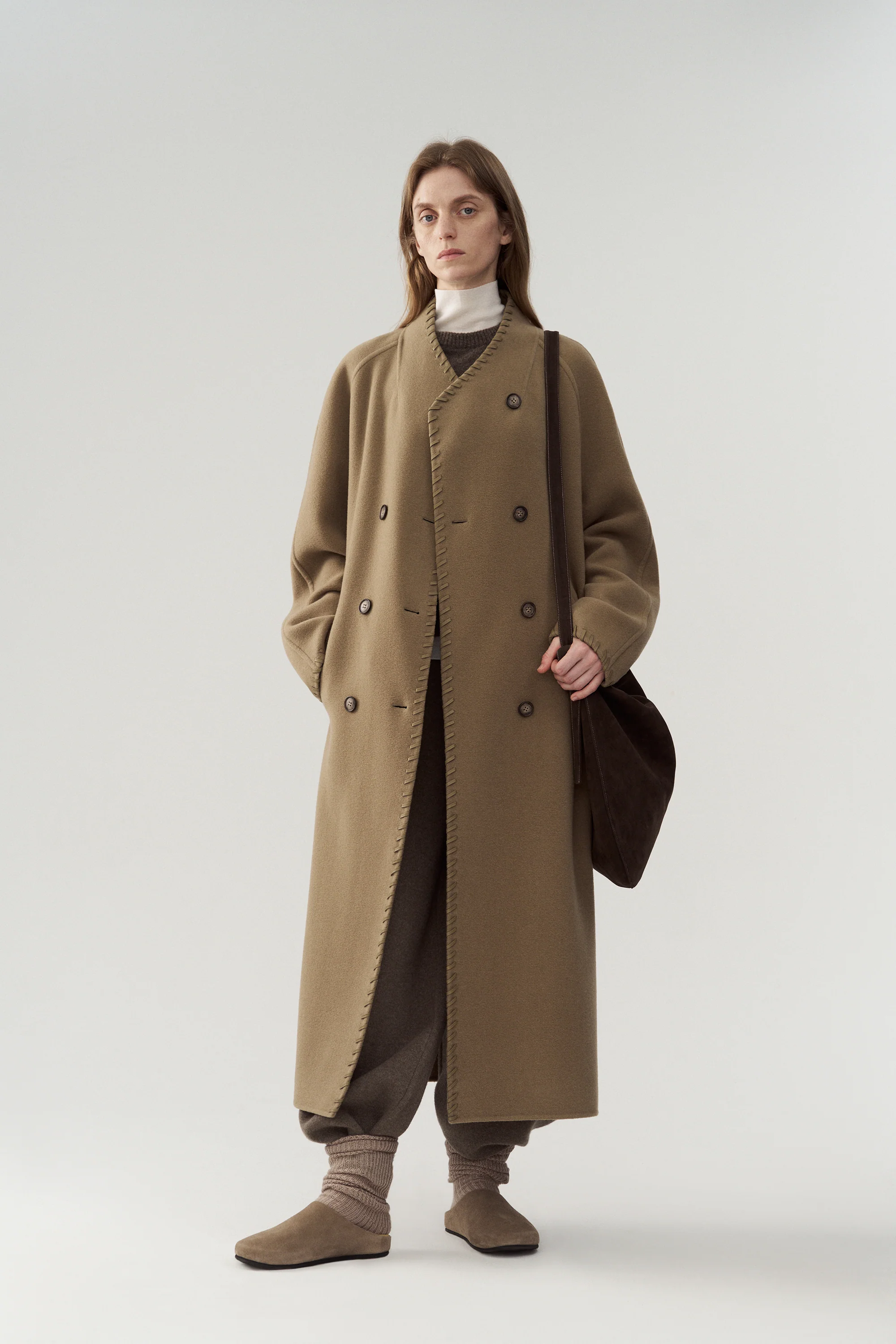 Long Leather Trimmed Wool Coat - Image 20
