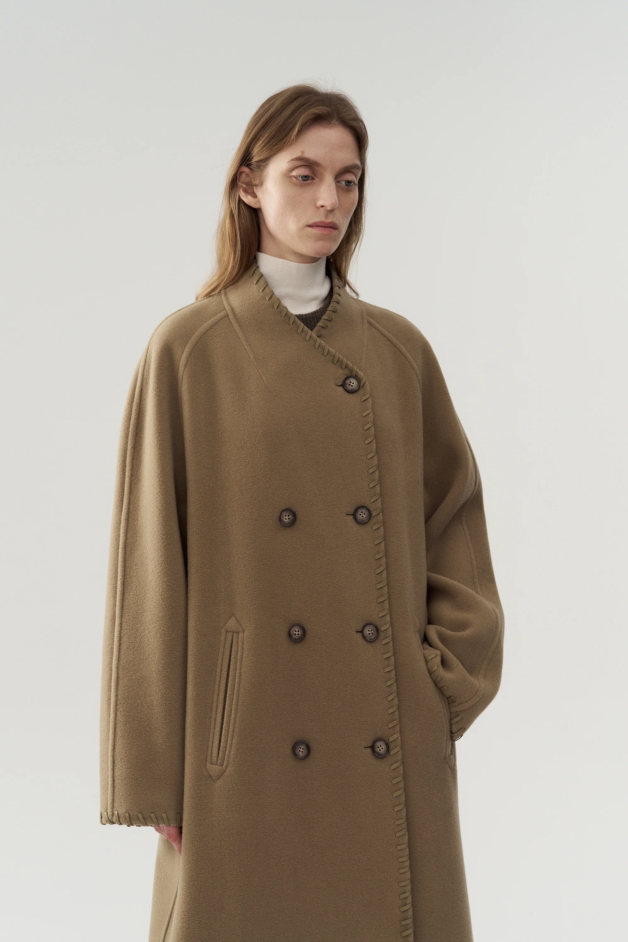 Long Leather Trimmed Wool Coat - Image 21