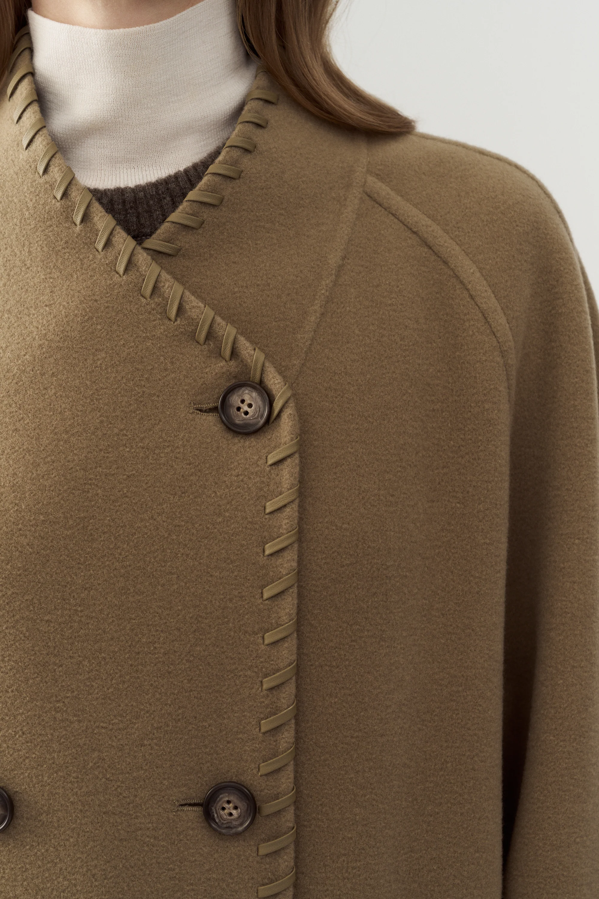 Long Leather Trimmed Wool Coat - Image 23