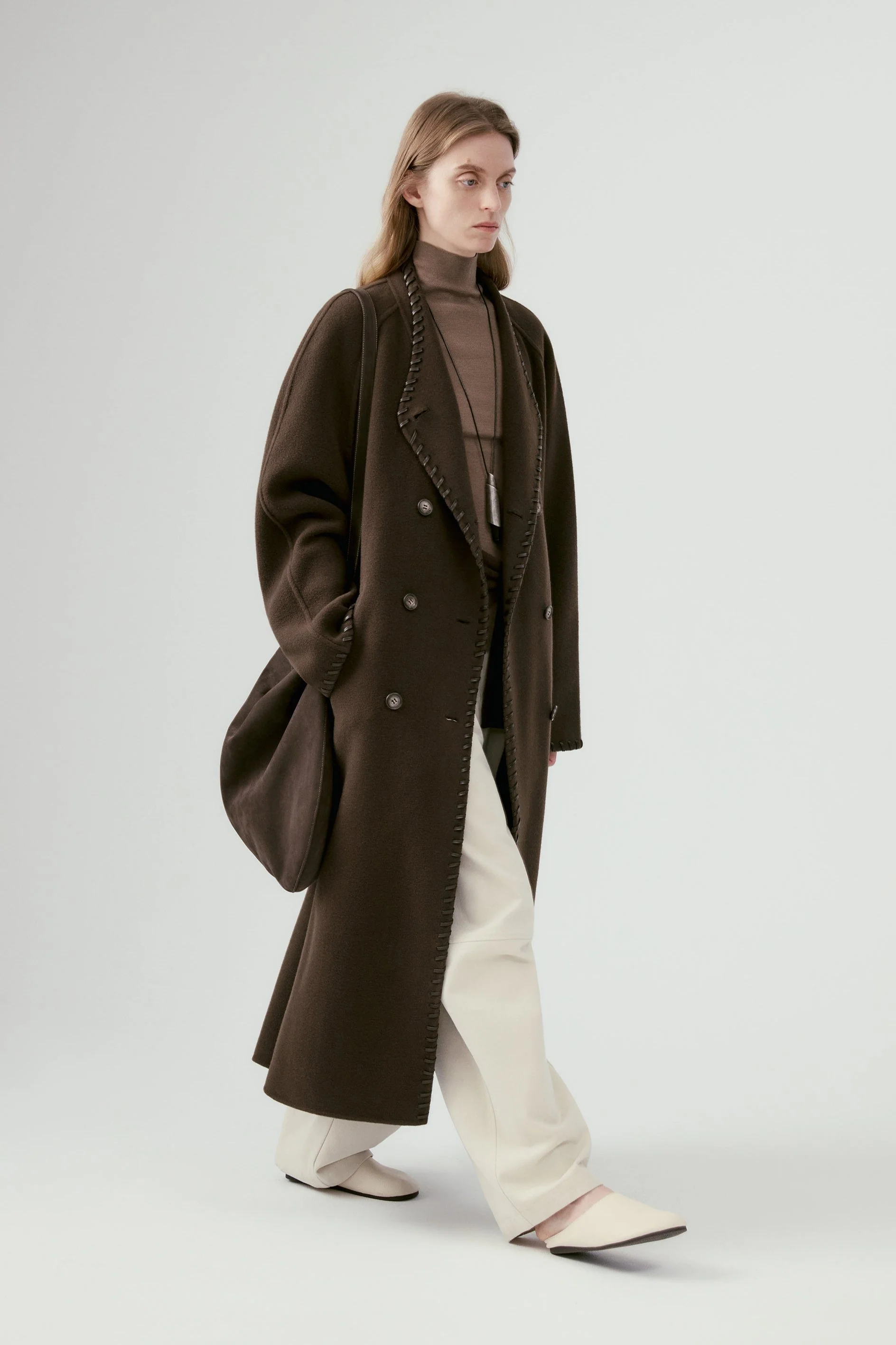 Long Leather Trimmed Wool Coat - Image 3