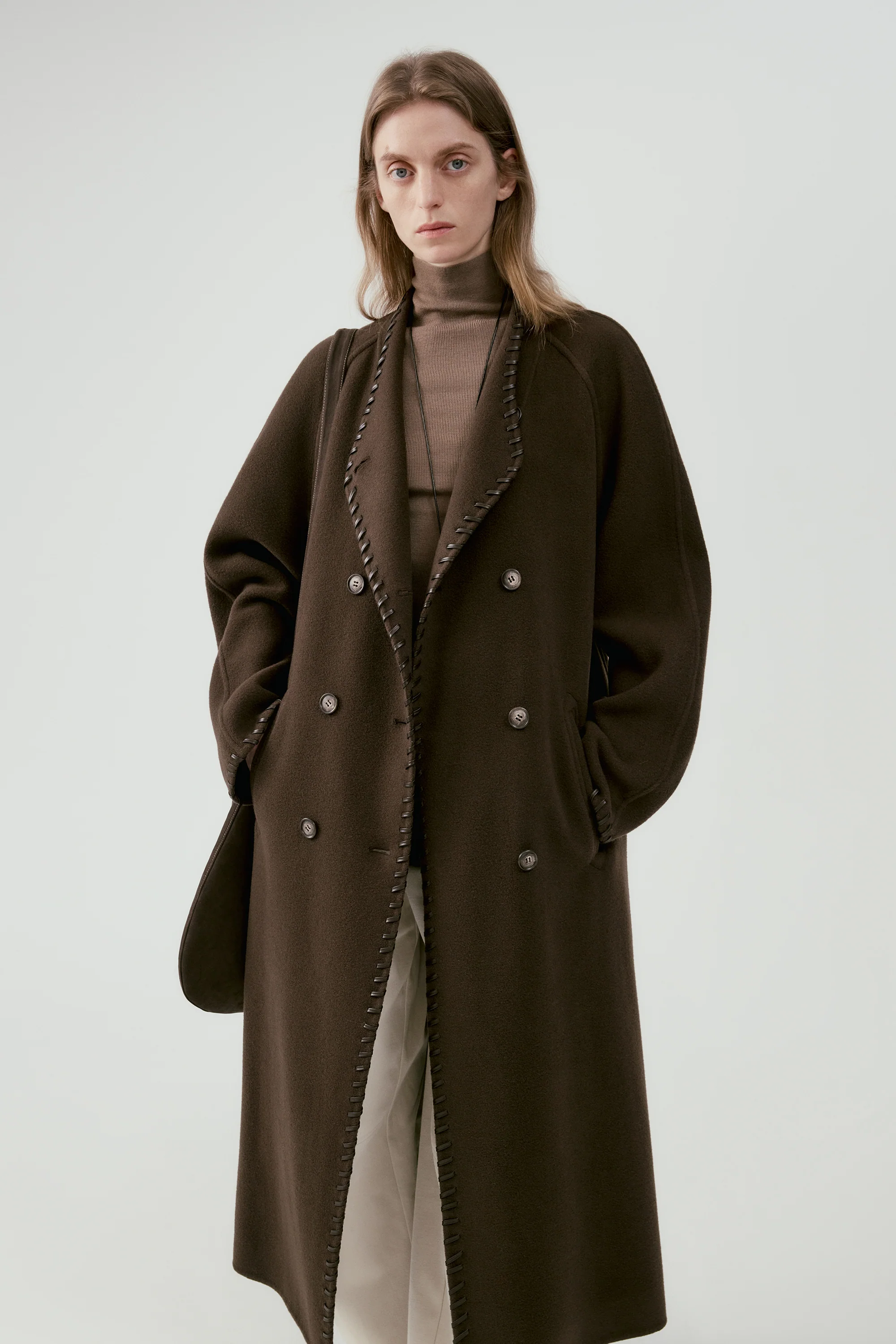 Long Leather Trimmed Wool Coat - Image 4