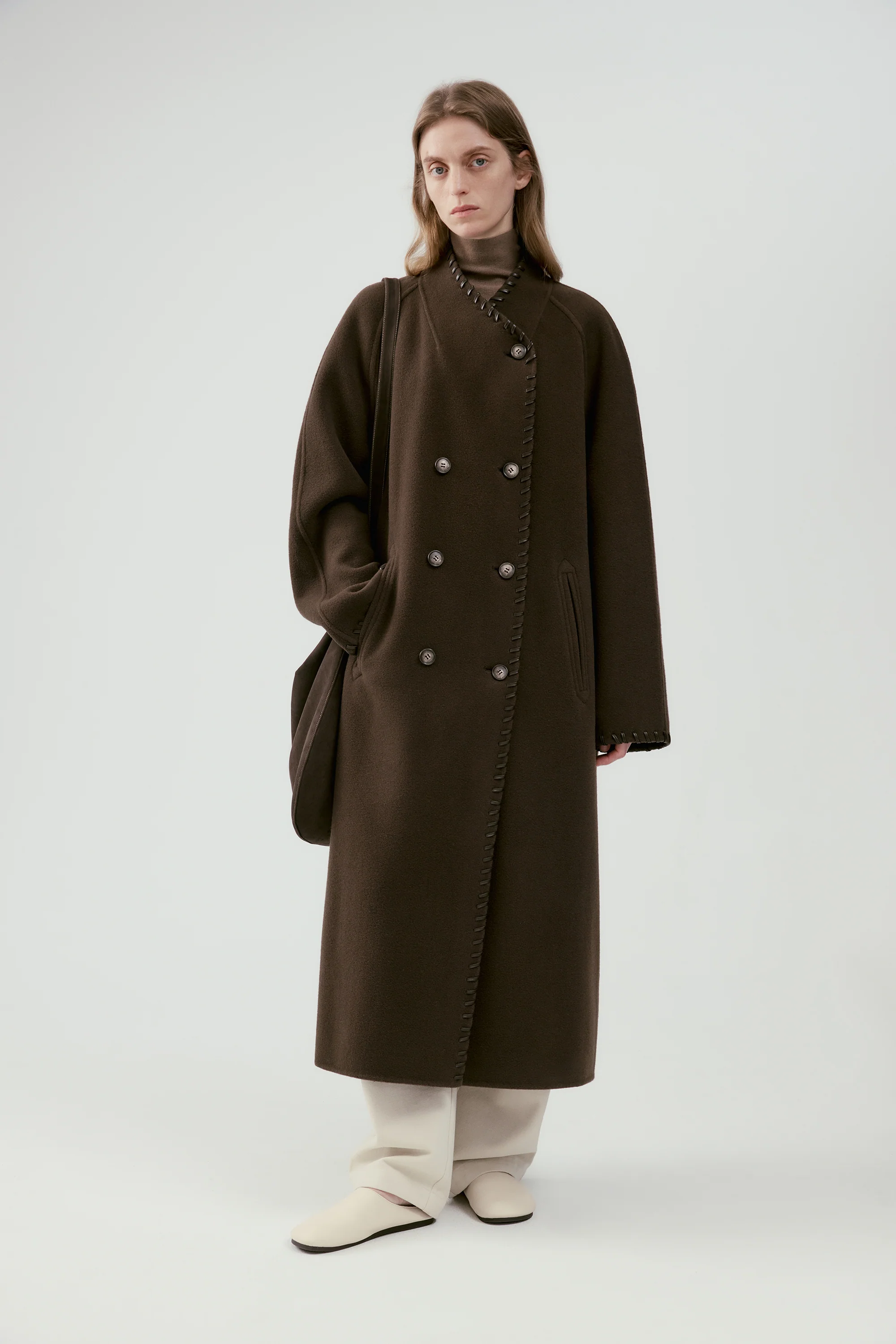 Long Leather Trimmed Wool Coat - Image 5