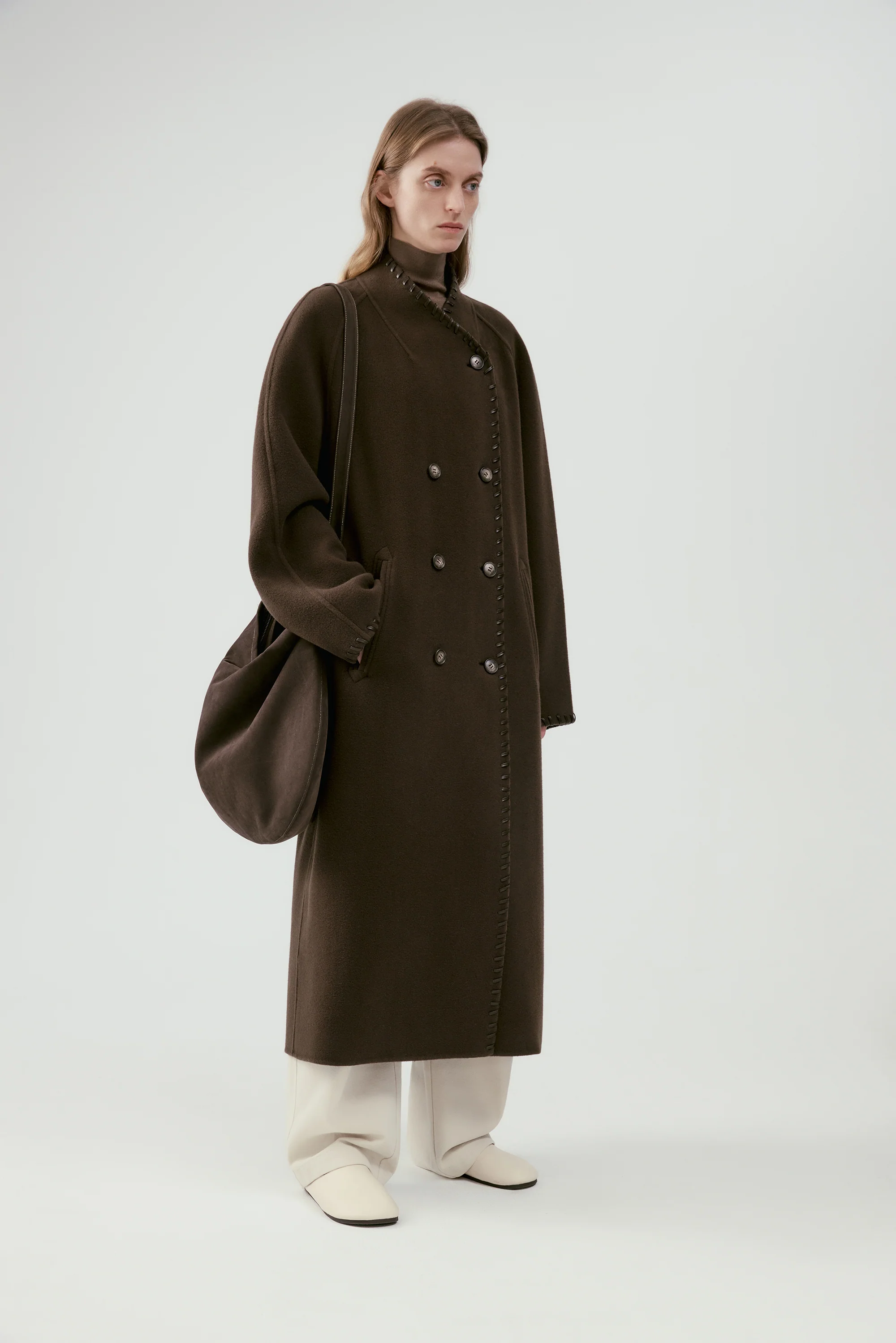 Long Leather Trimmed Wool Coat - Image 6
