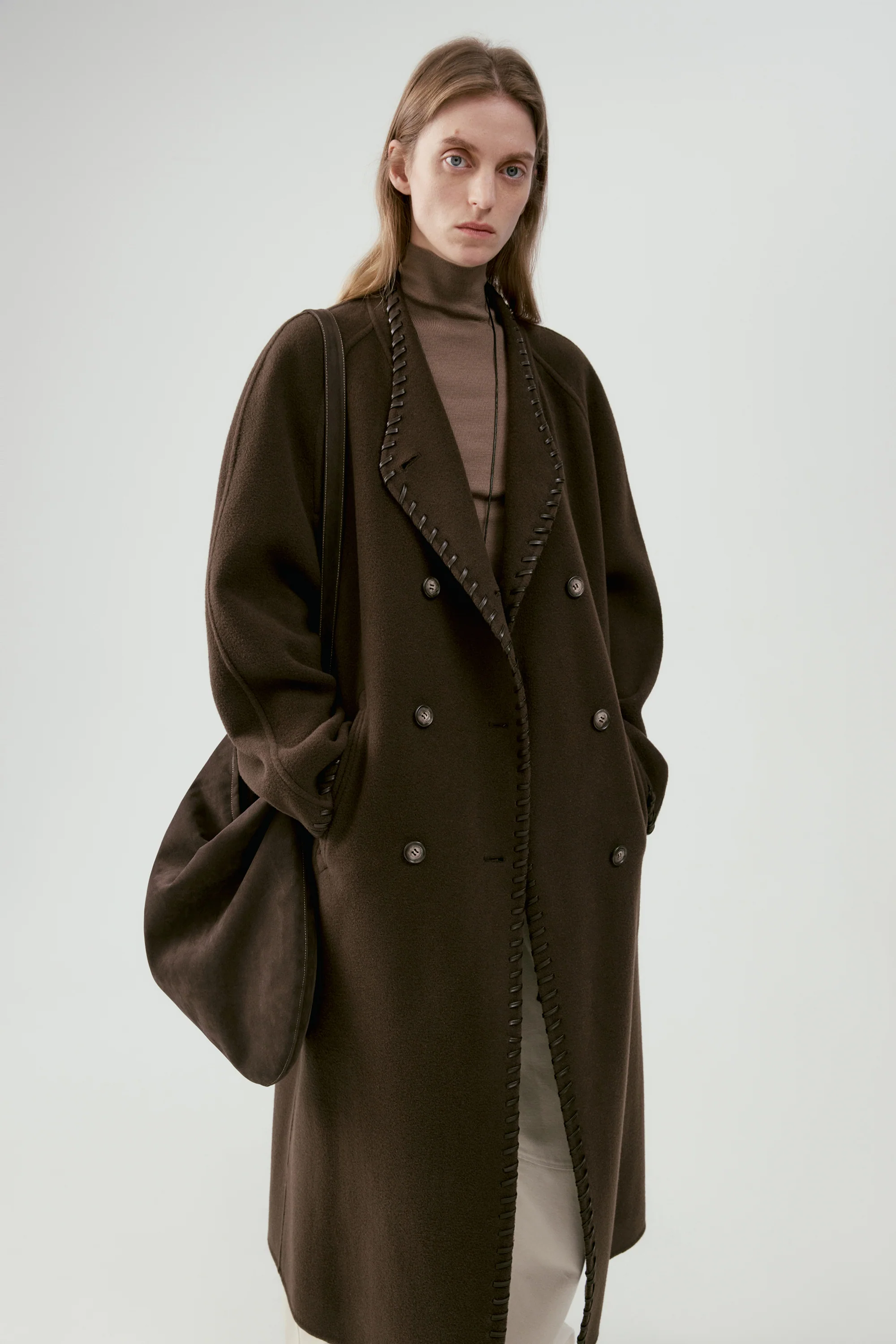 Long Leather Trimmed Wool Coat - Image 8