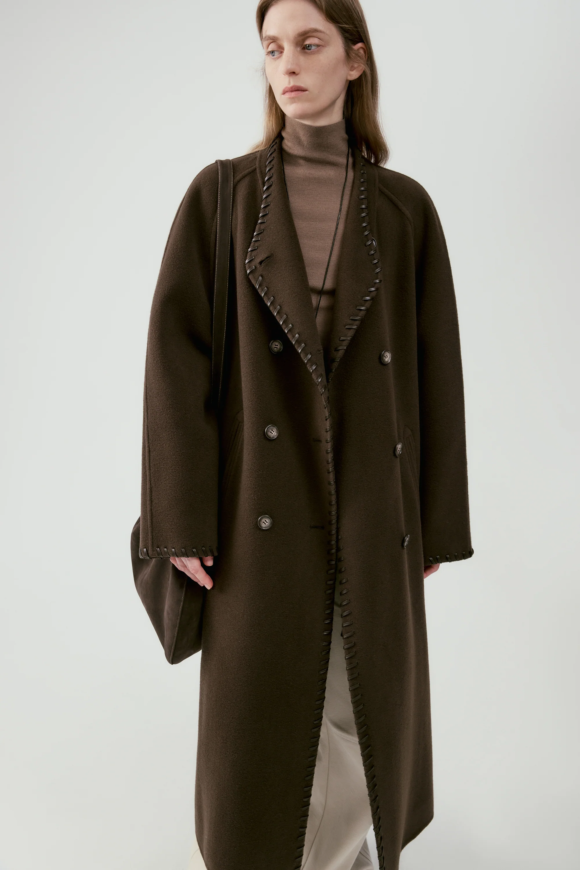 Long Leather Trimmed Wool Coat - Image 9