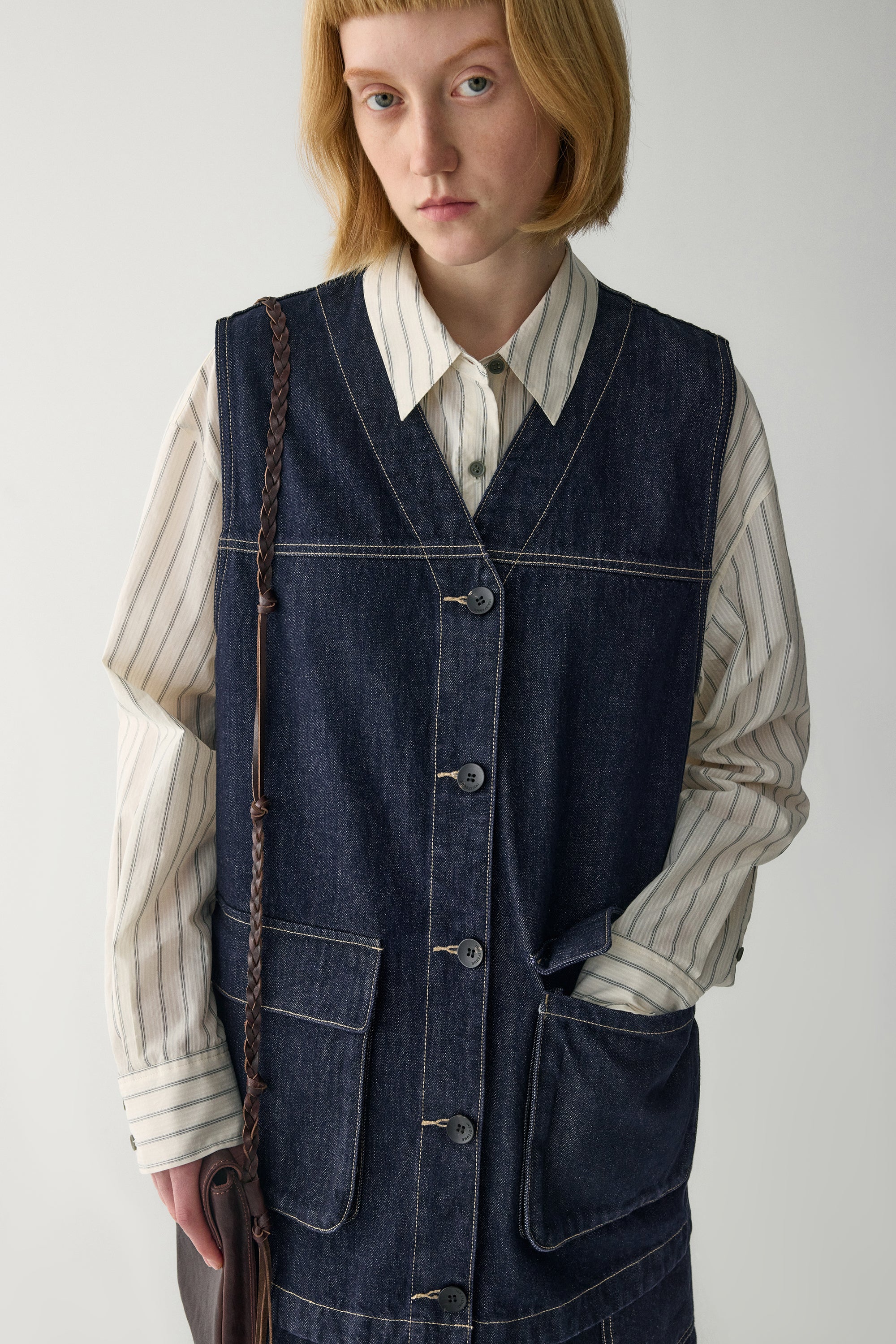 V-neck Long Denim Vest - Image 12