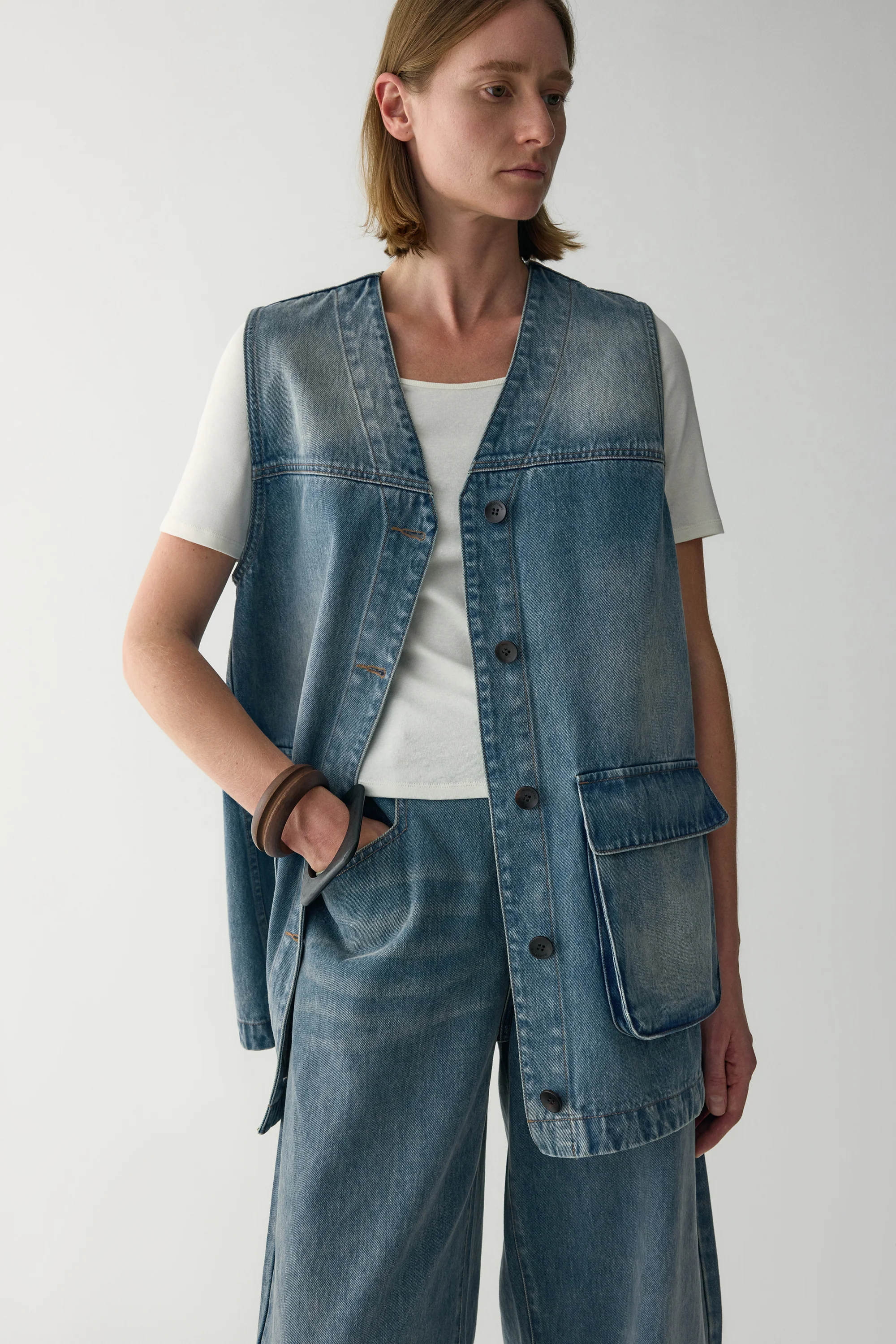 V-neck Long Denim Vest - Image 22
