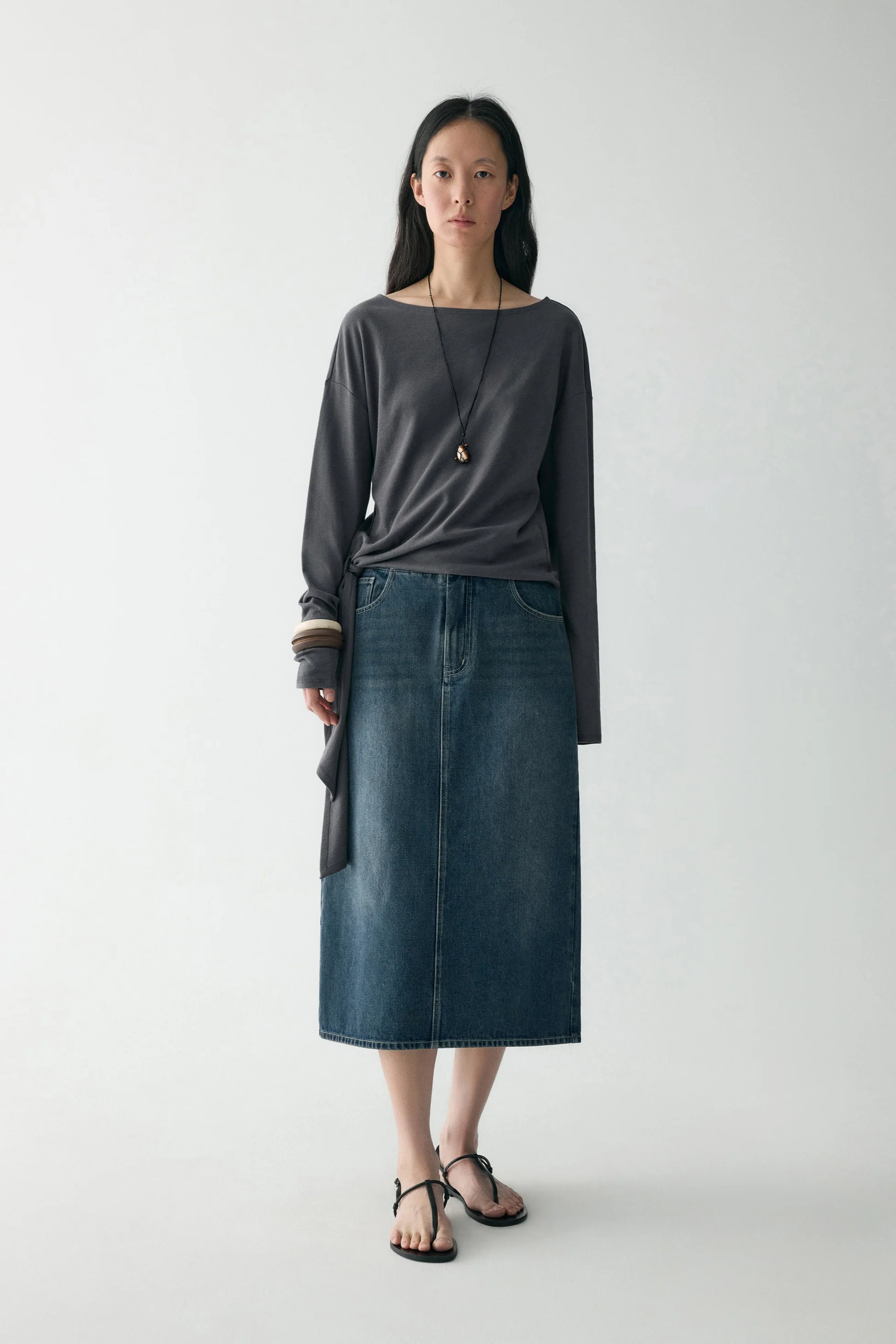 Cotton Denim Midi Skirt - Image 3