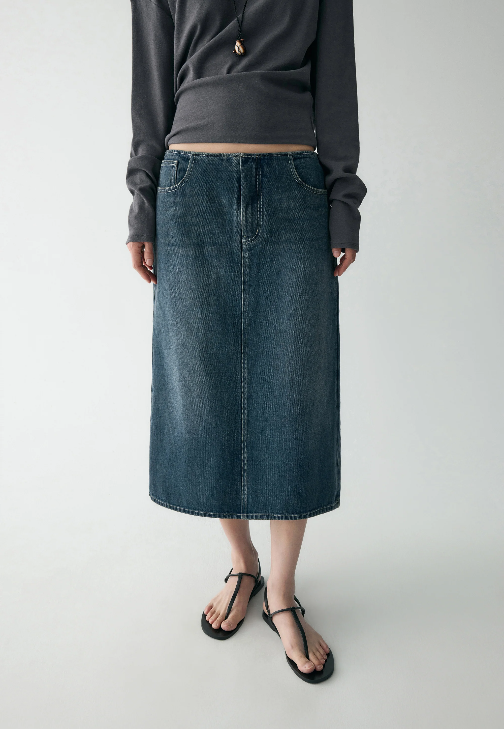 Cotton Denim Midi Skirt - Image 9