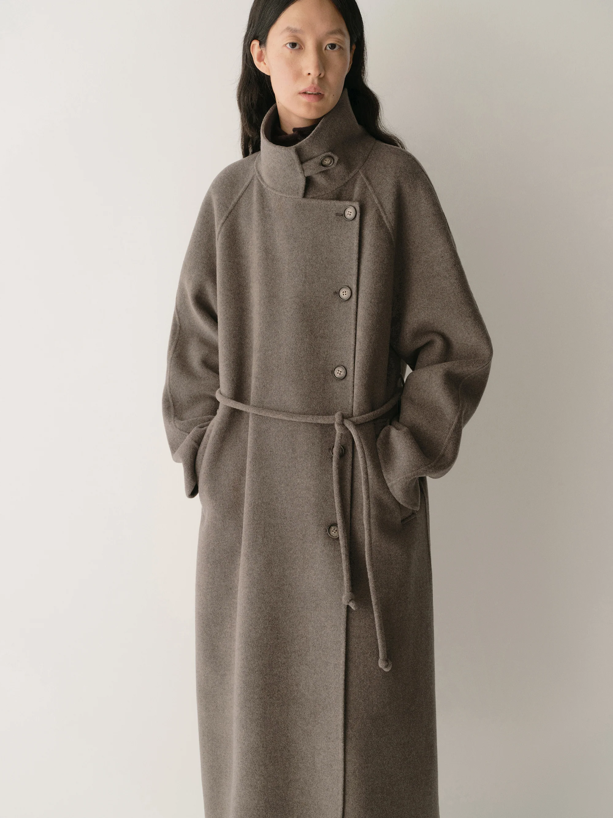 Cord-belt Asymmetric Long Coat - Image 17