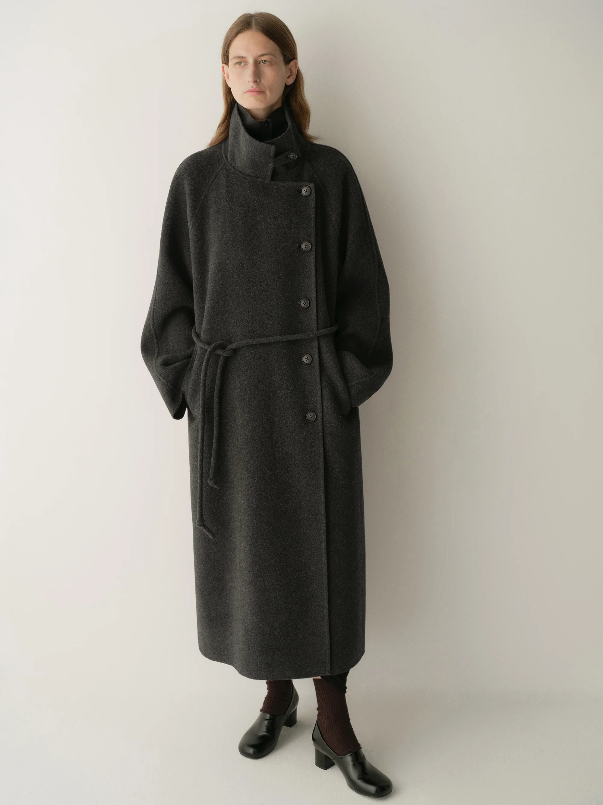 Cord-belt Asymmetric Long Coat - Image 24