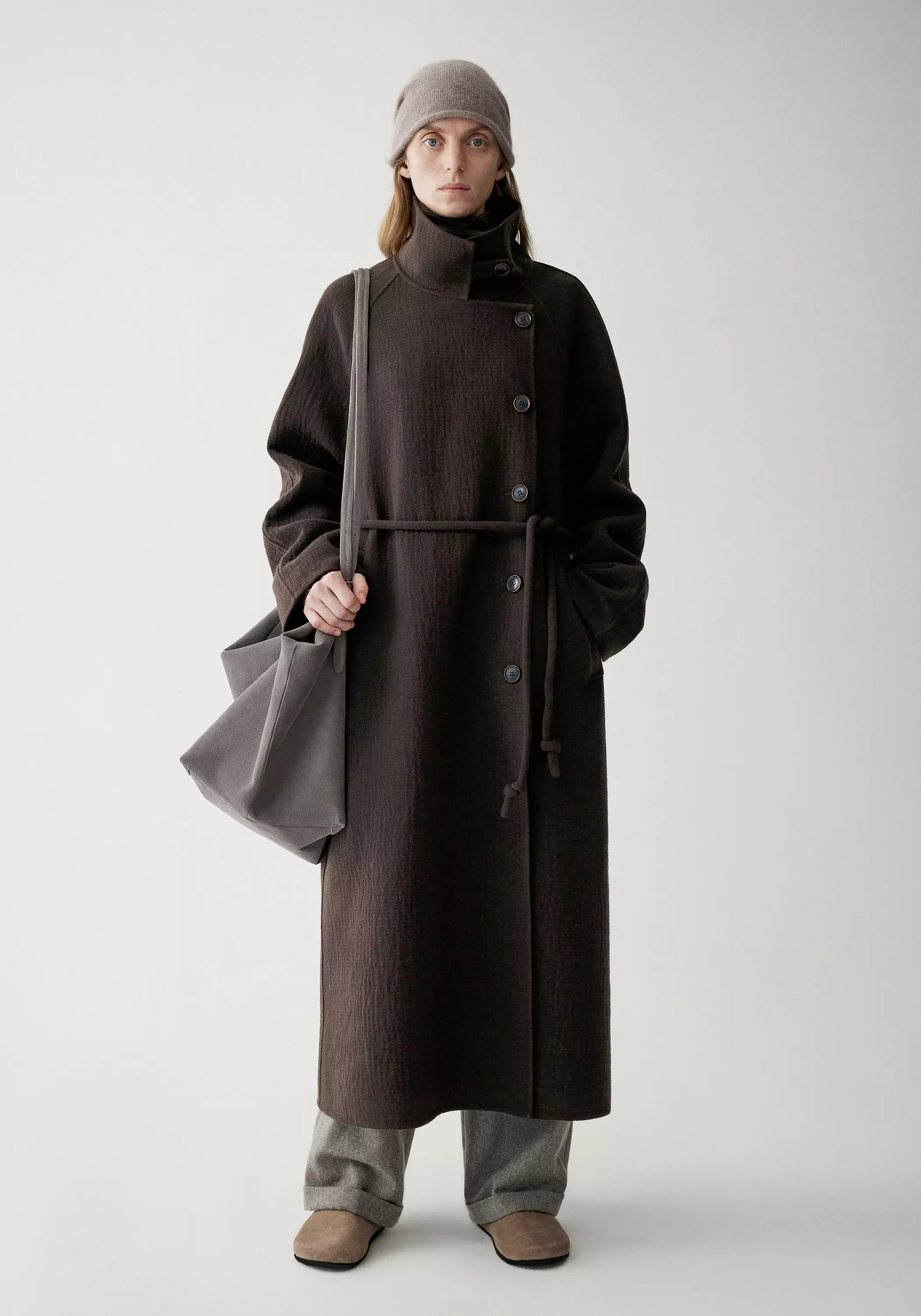Cord-belt Asymmetric Long Coat - Image 27