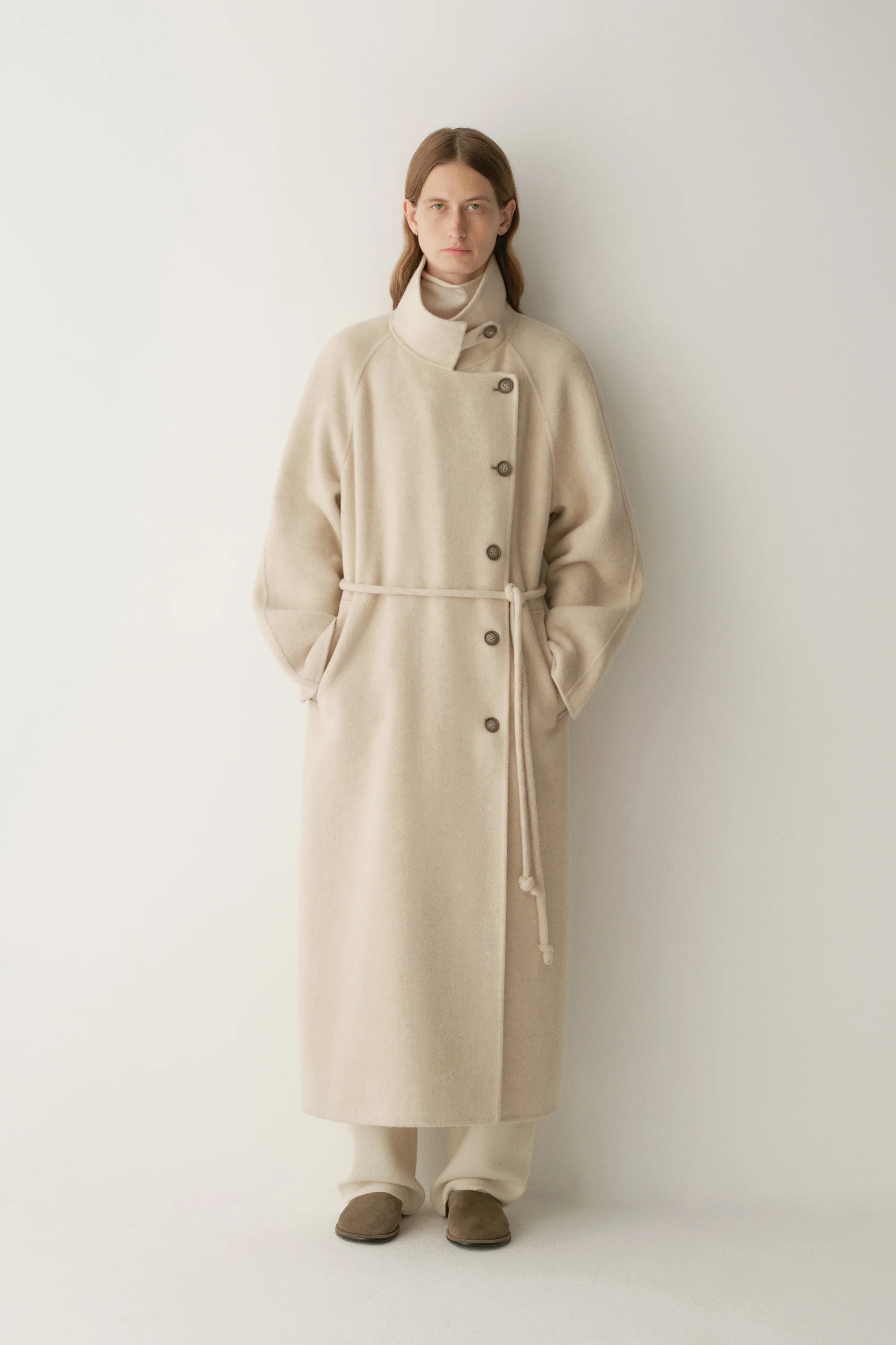 Cord-belt Asymmetric Long Coat - Image 3