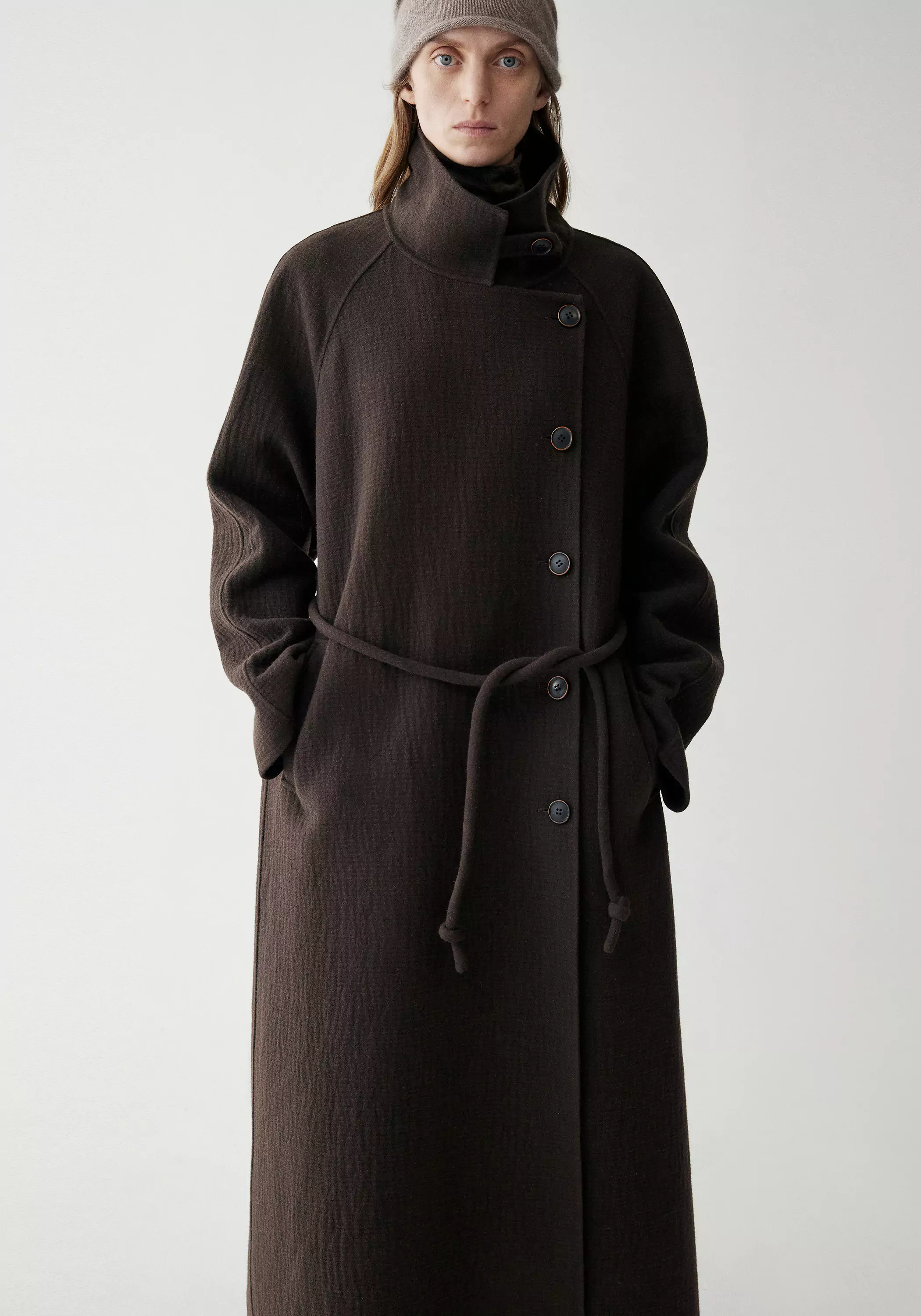 Cord-belt Asymmetric Long Coat - Image 30