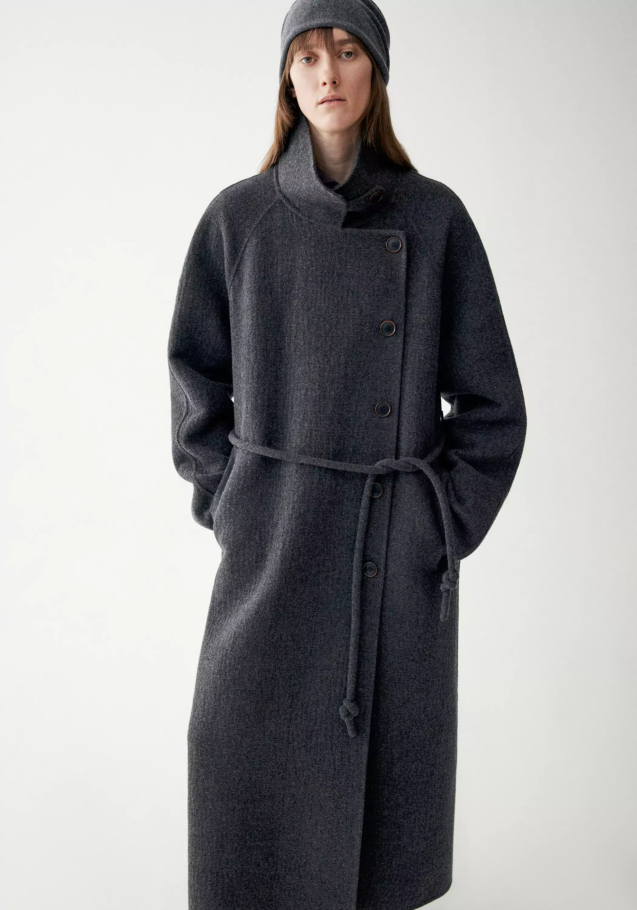 Cord-belt Asymmetric Long Coat - Image 34