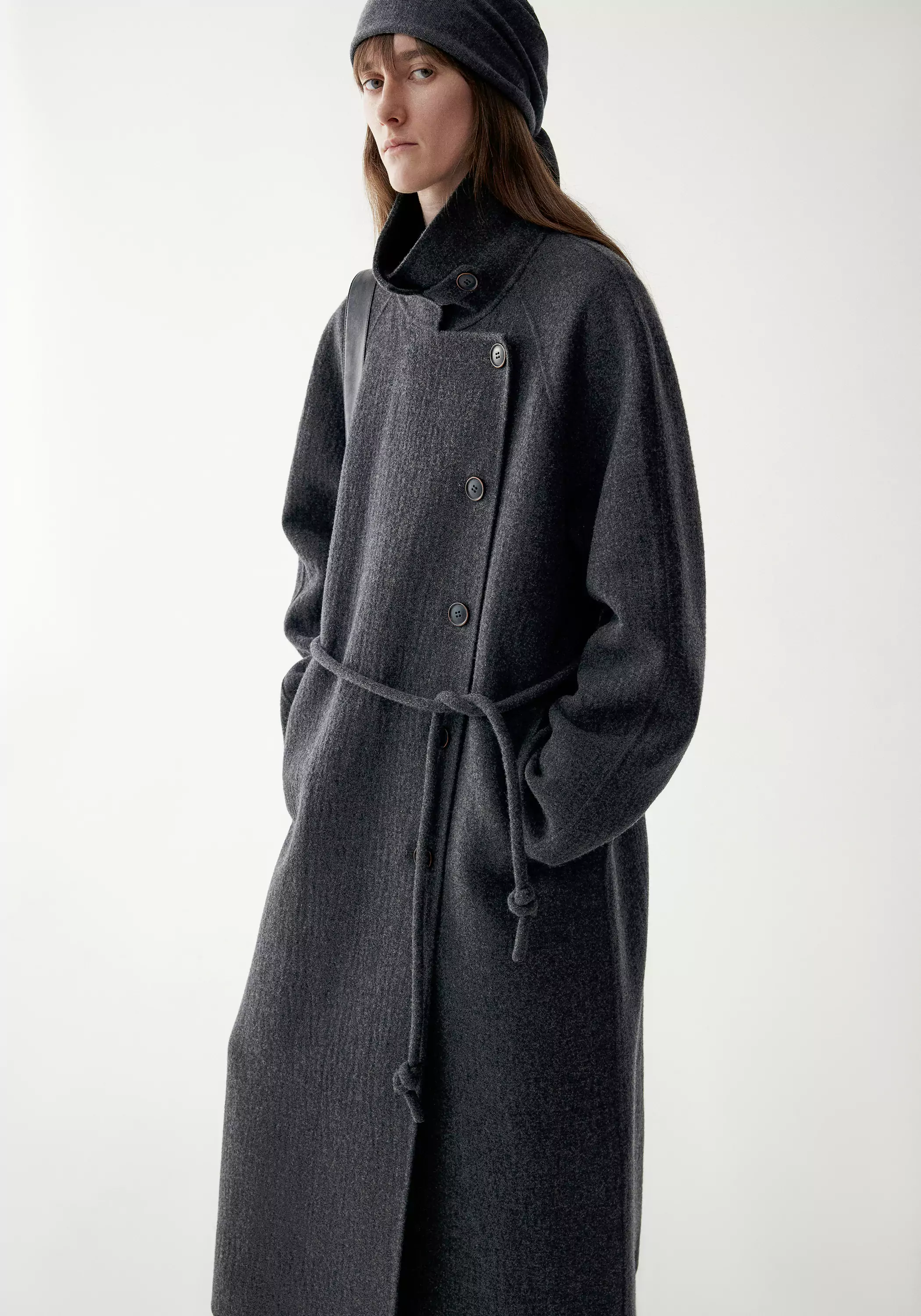 Cord-belt Asymmetric Long Coat - Image 35