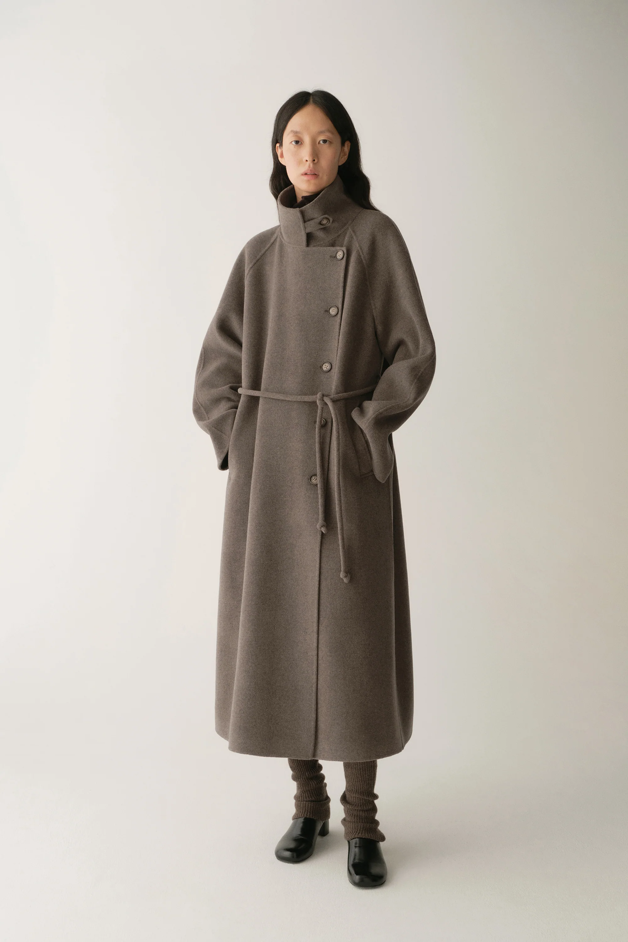 Cord-belt Asymmetric Long Coat - Image 4