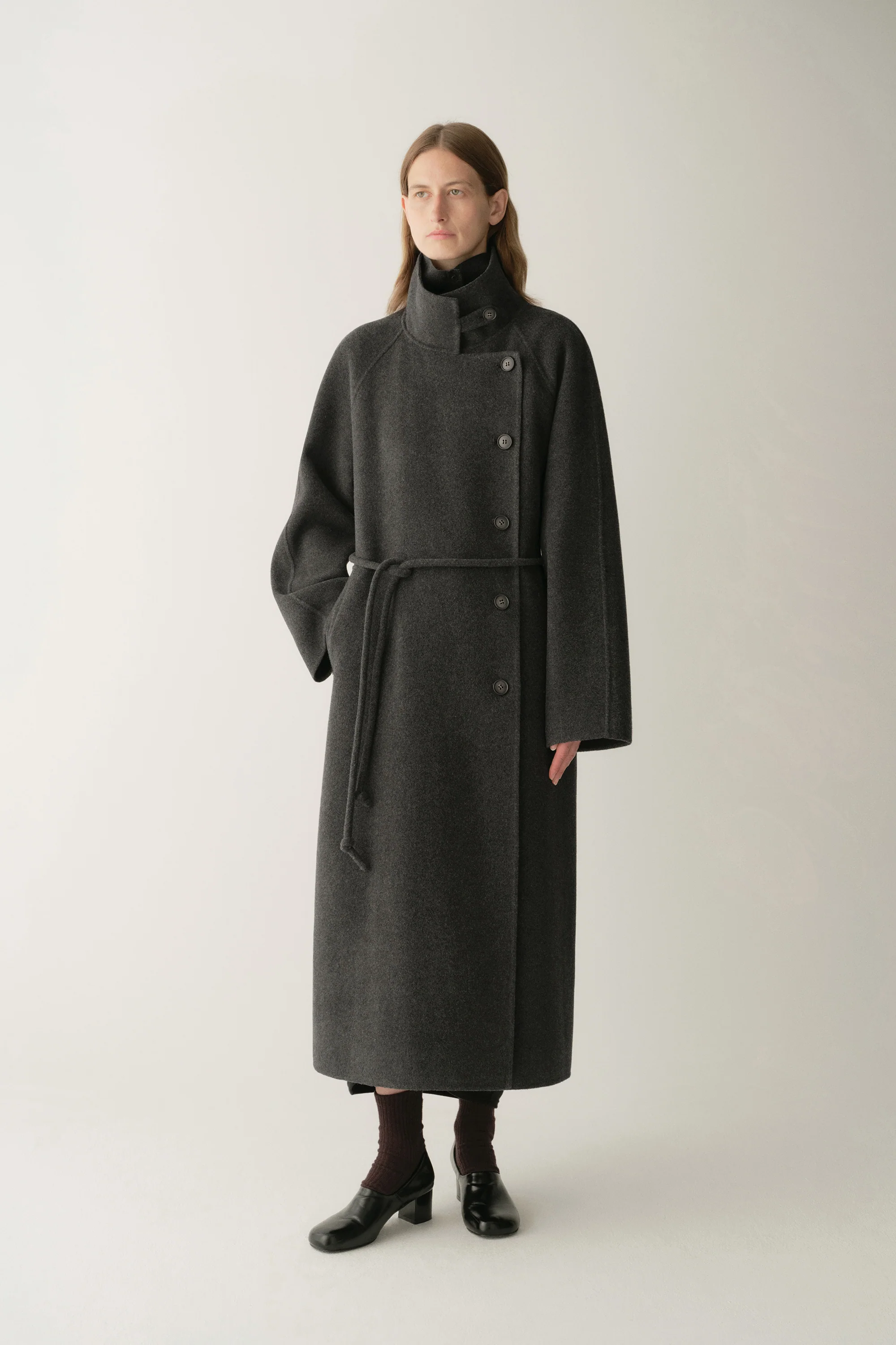 Cord-belt Asymmetric Long Coat - Image 5