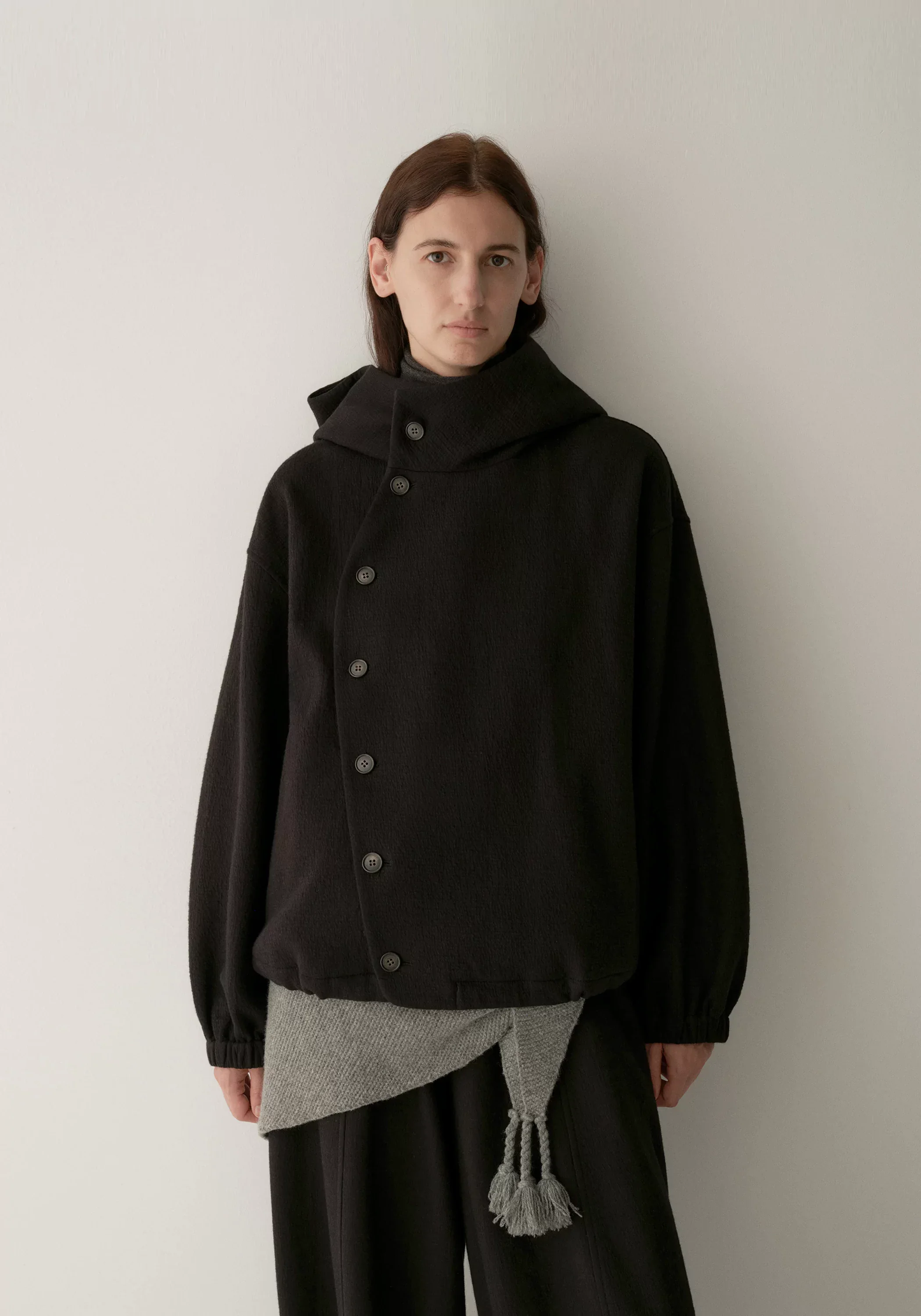 Curved Asymmetric Placket Hooded Sweatshirt