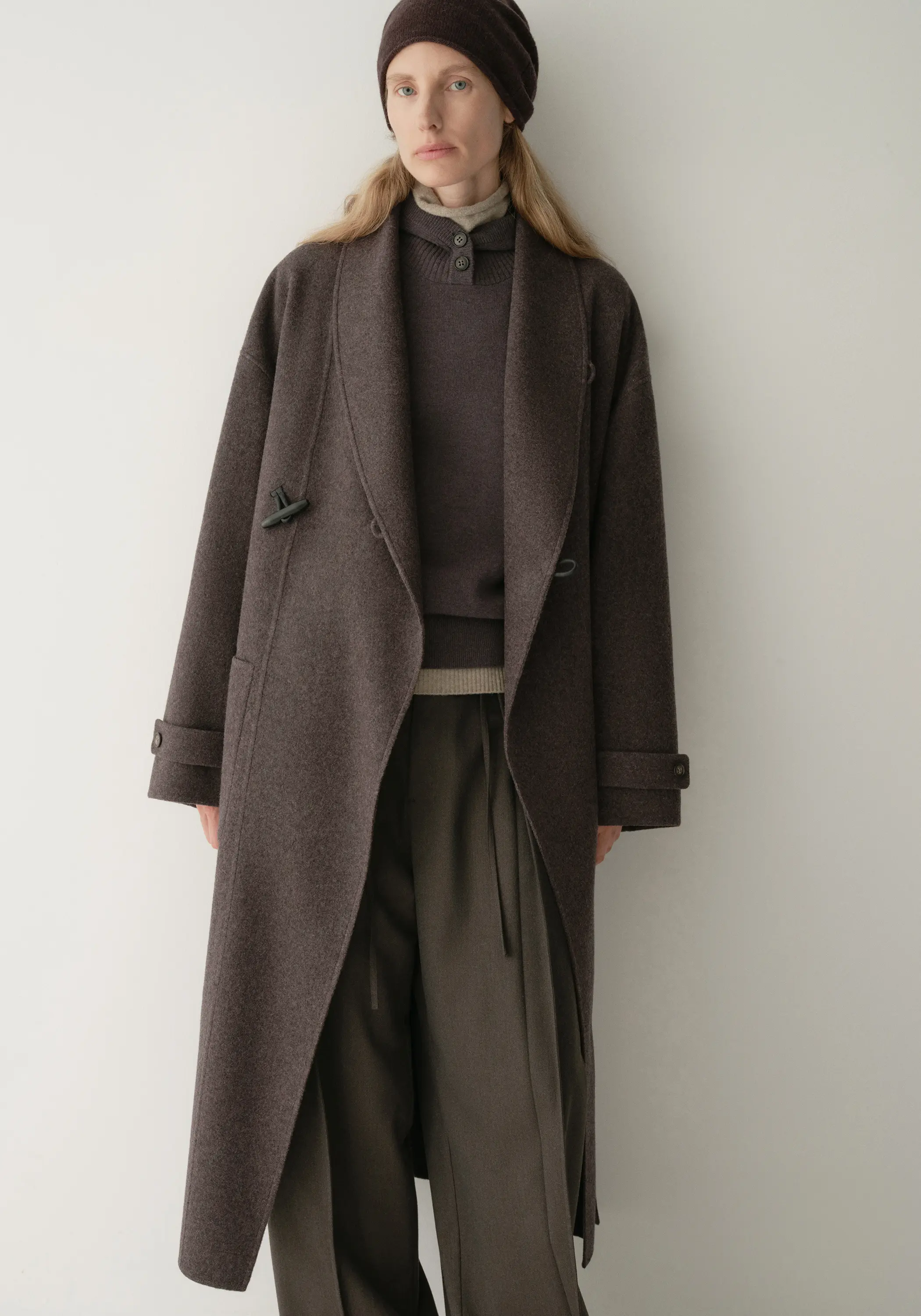 Shearling Collar Toggle Wool Long Coat - Image 10