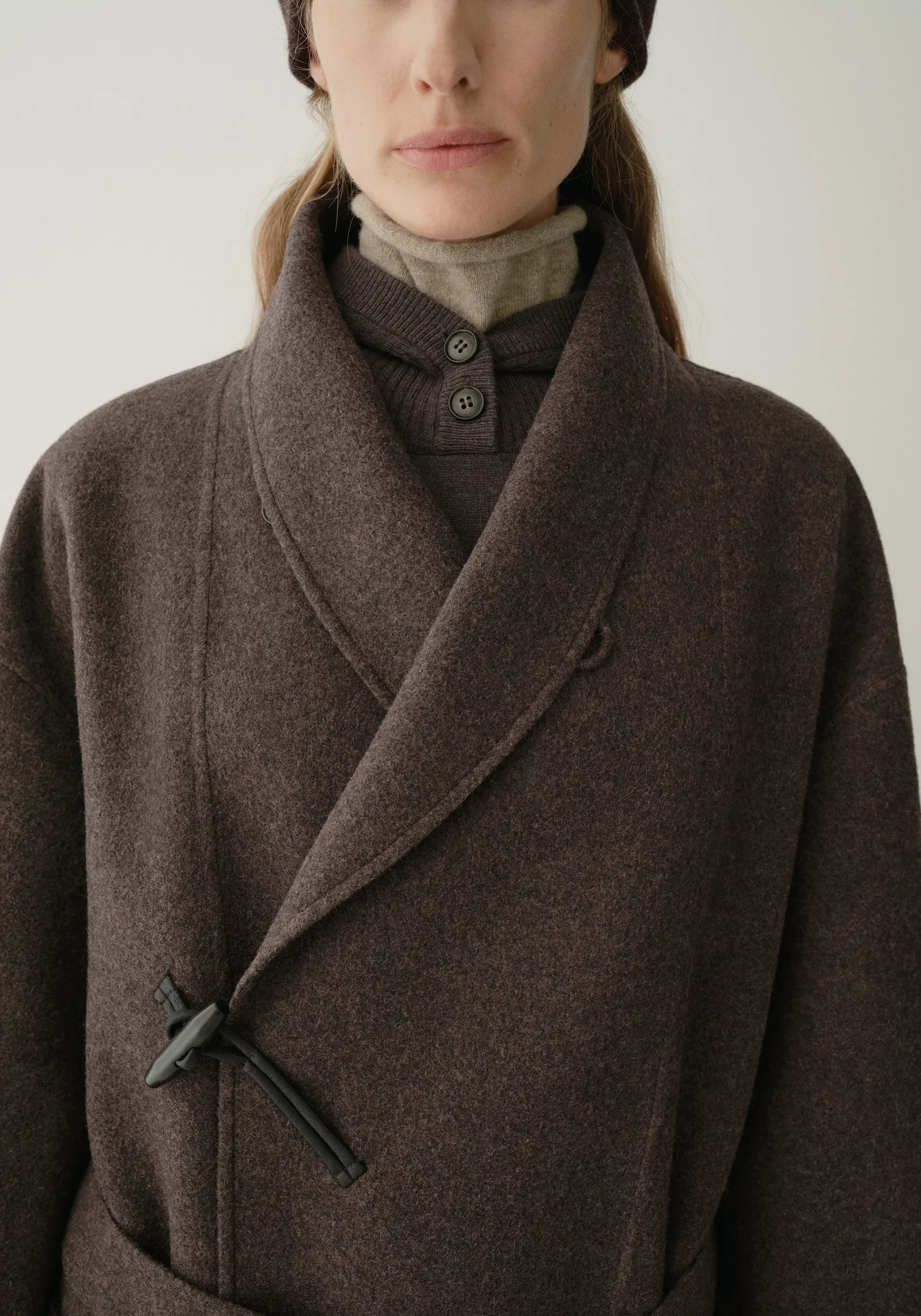 Shearling Collar Toggle Wool Long Coat - Image 14