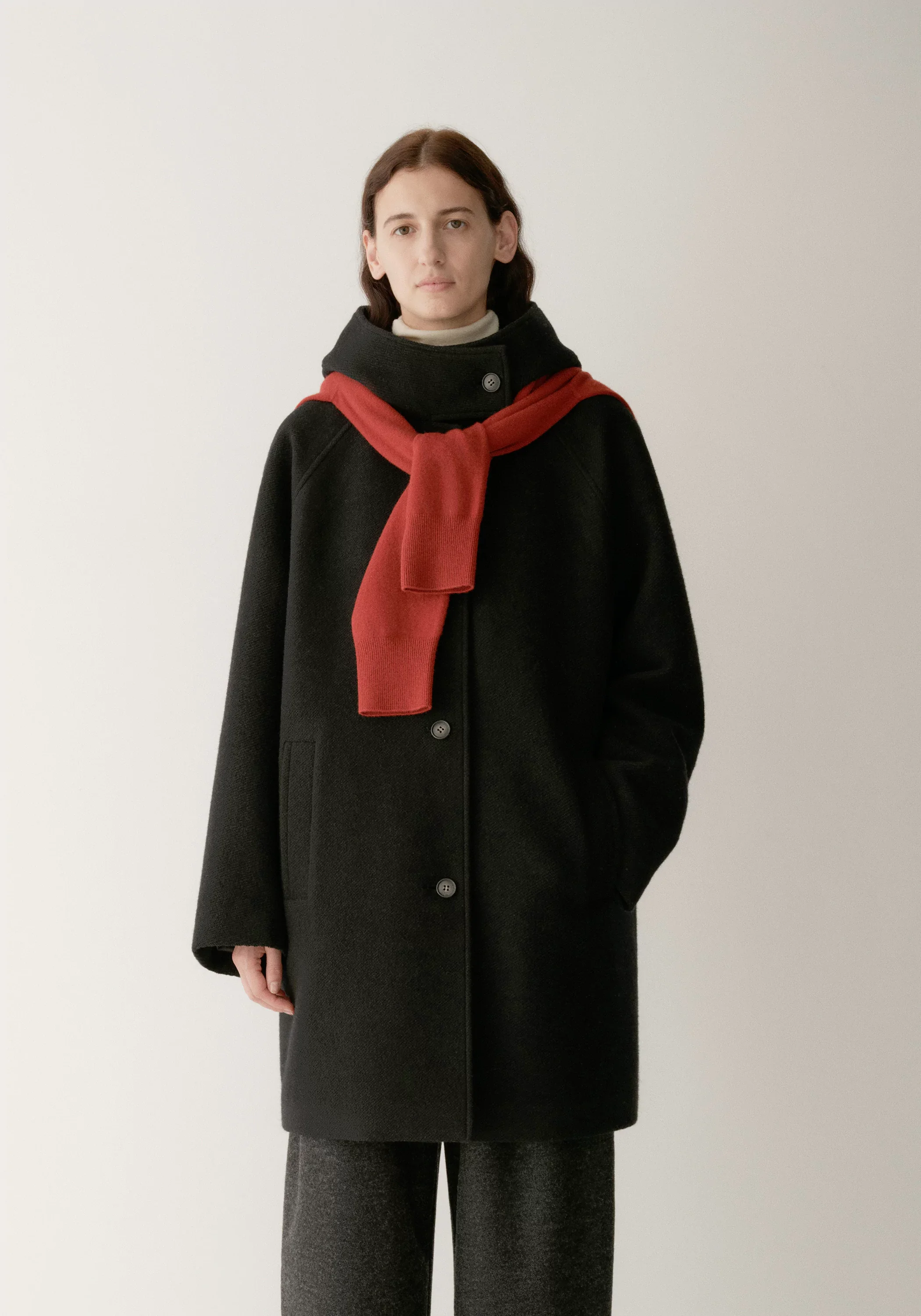 Merino Wool Twill-texture Hooded Coat