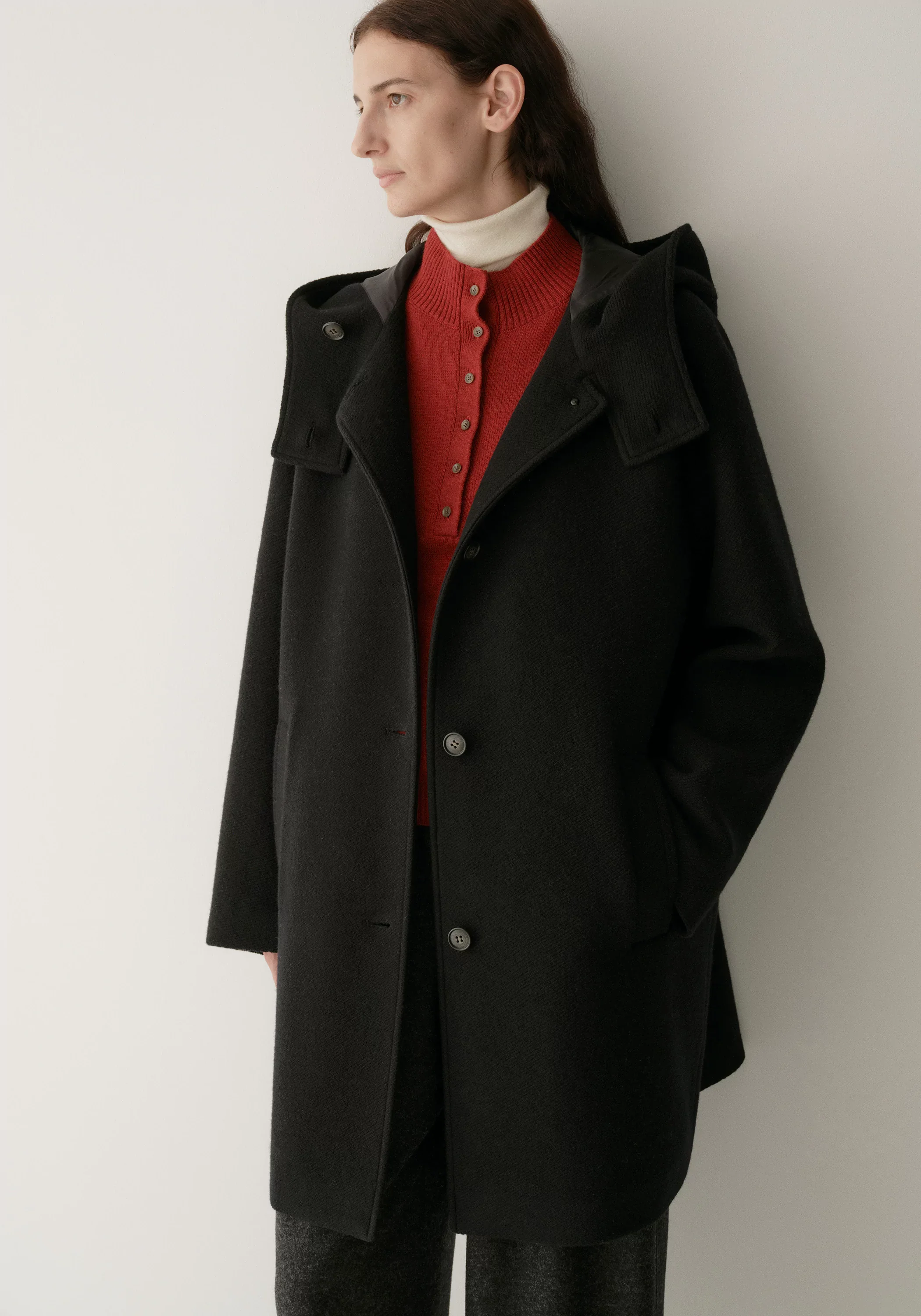 Merino Wool Twill-texture Hooded Coat - Image 7