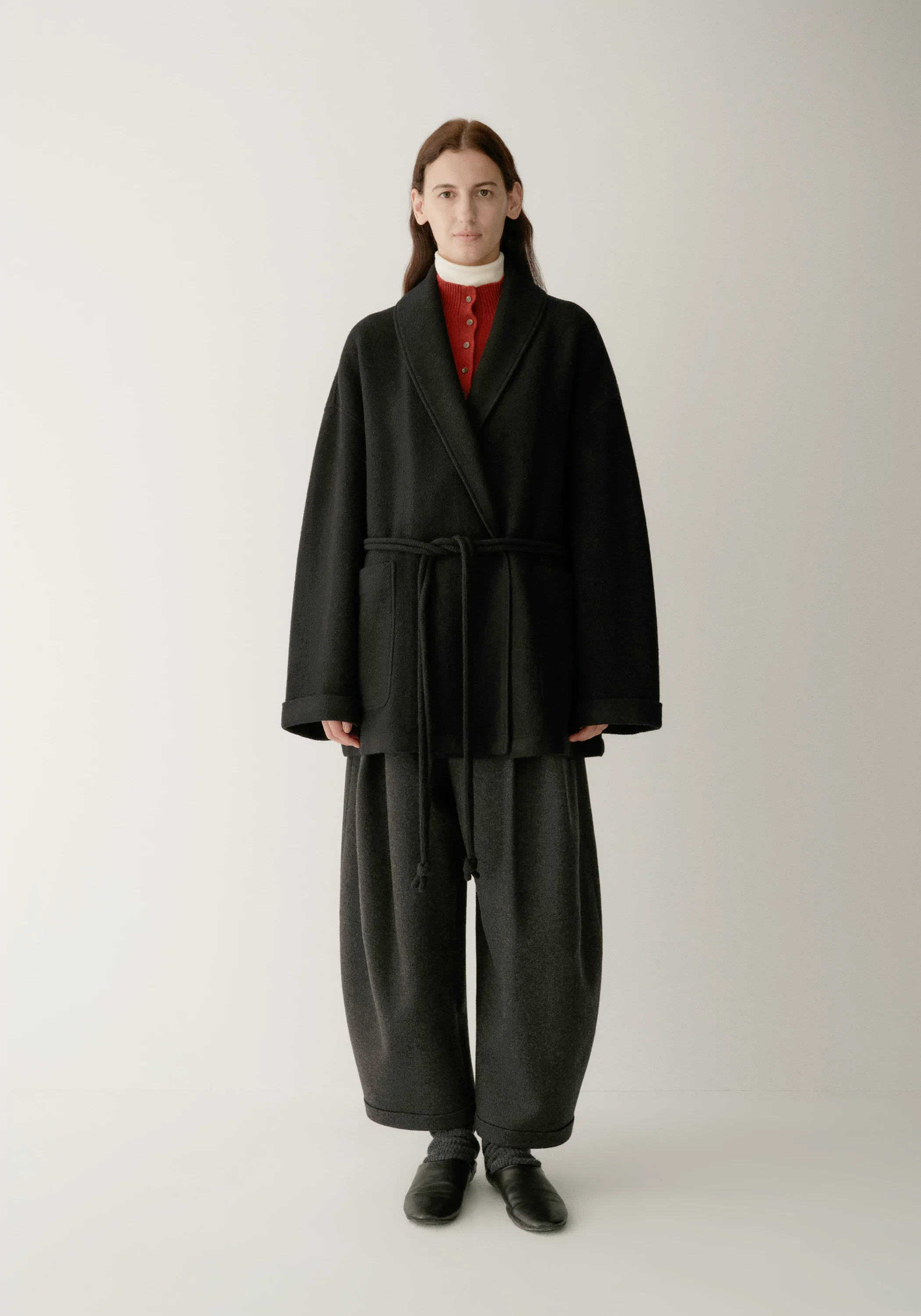 Merino Wool Twill-texture Cord-tie Coat - Image 2