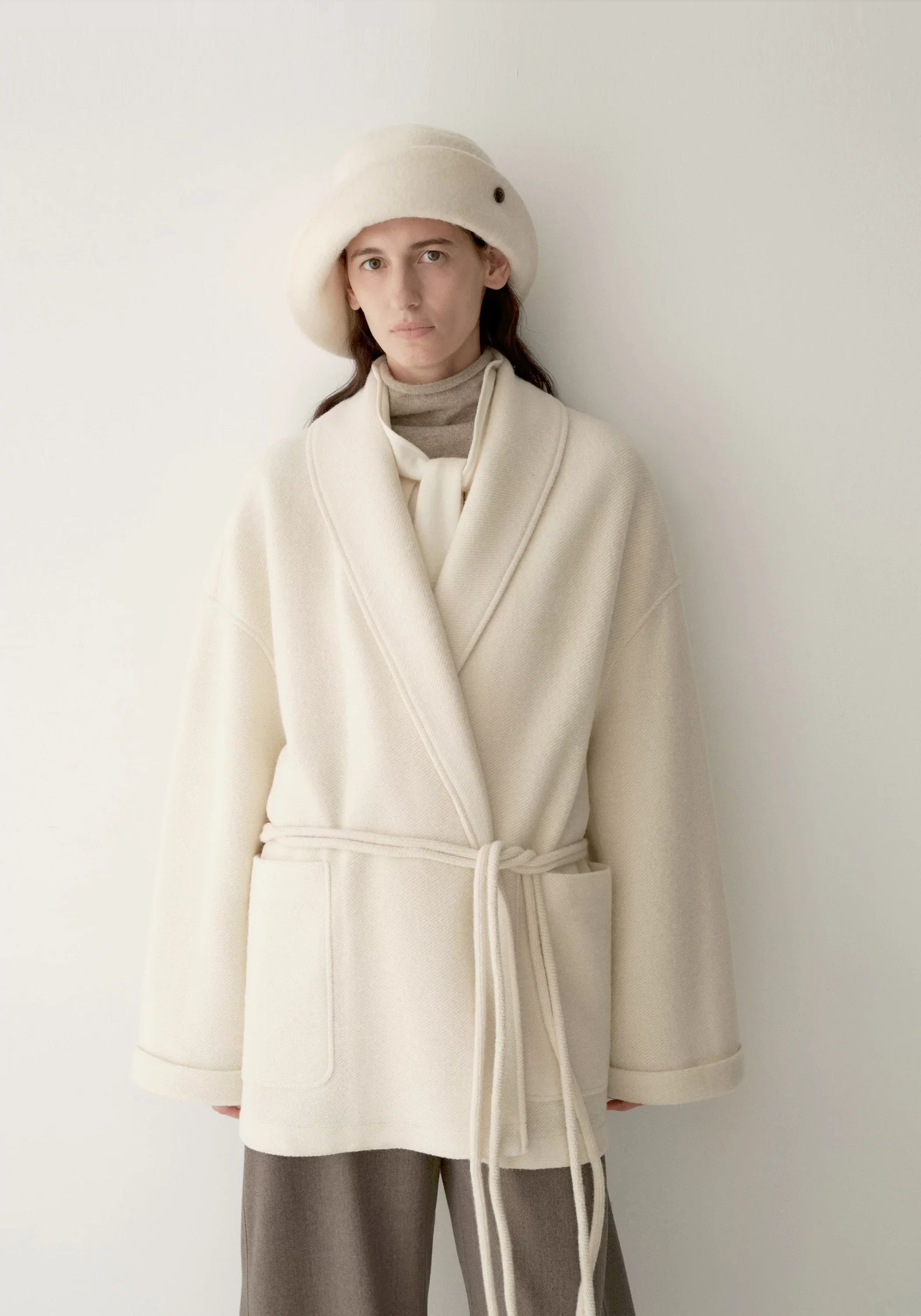 Merino Wool Twill-texture Cord-tie Coat - Image 3