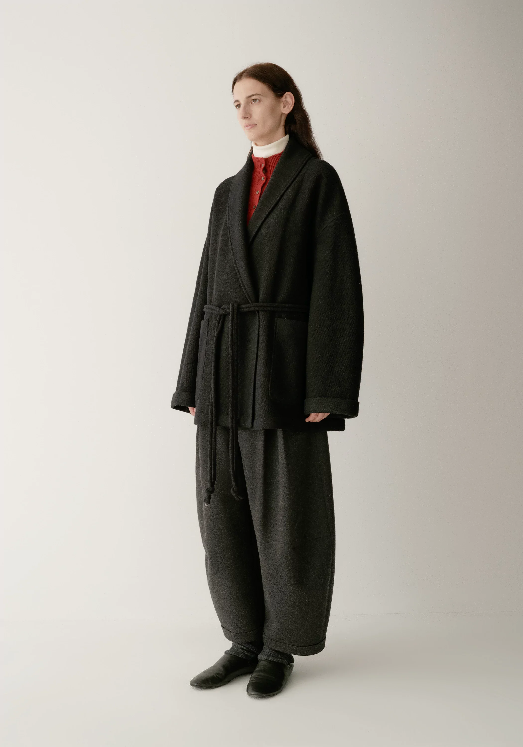 Merino Wool Twill-texture Cord-tie Coat - Image 4