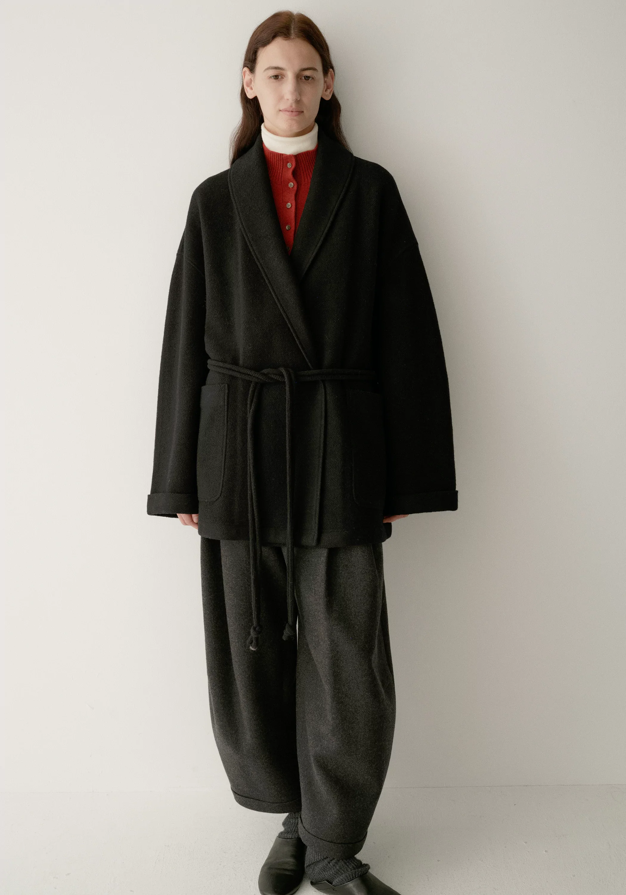 Merino Wool Twill-texture Cord-tie Coat - Image 7