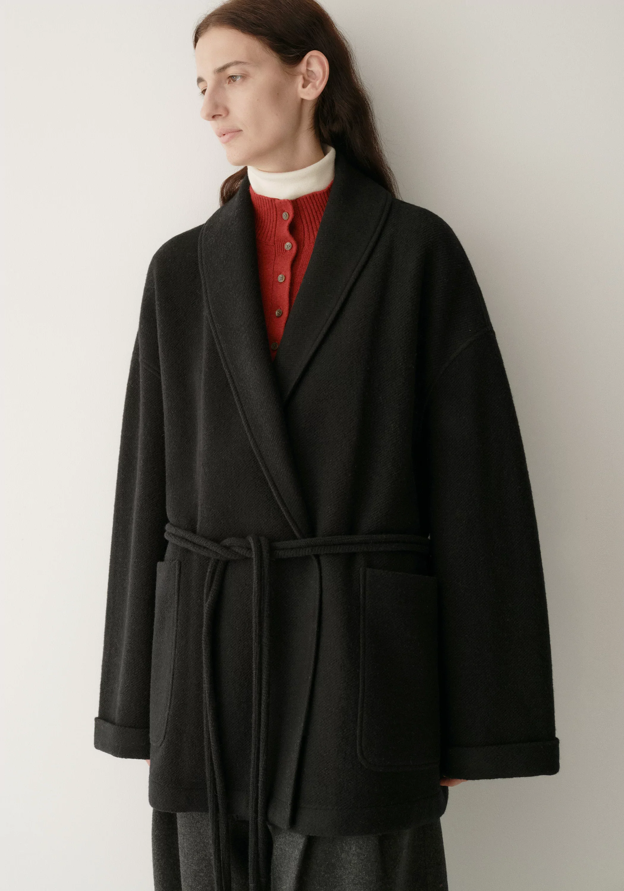 Merino Wool Twill-texture Cord-tie Coat - Image 9