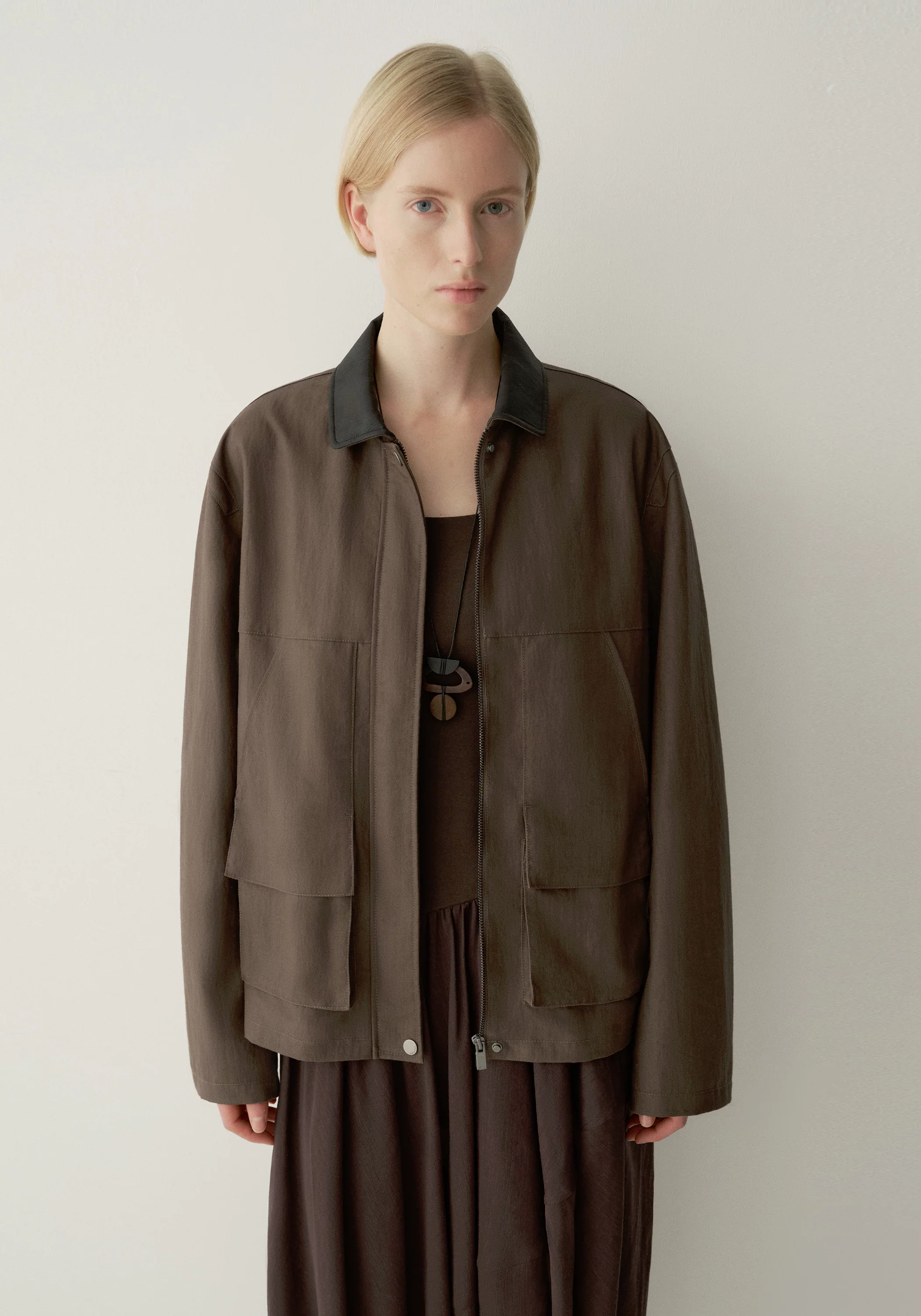 Contrast-collar Coated Jacket