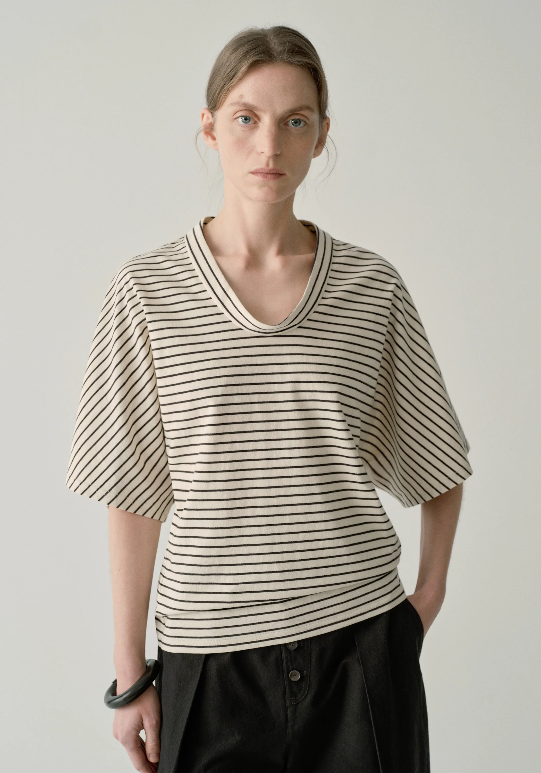 Striped U-neck T-shirt
