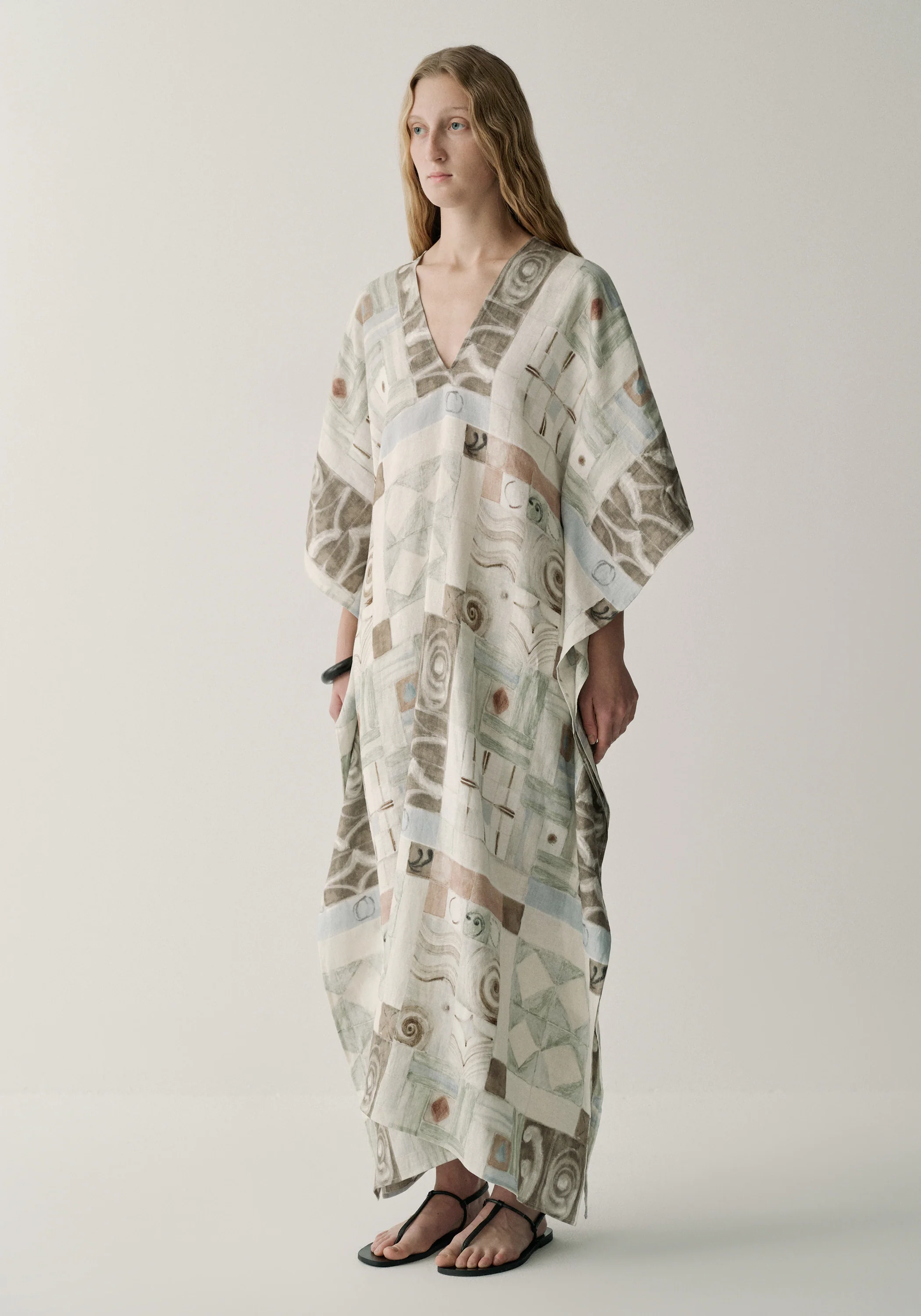 Patterned Linen Draped Dress - Image 4