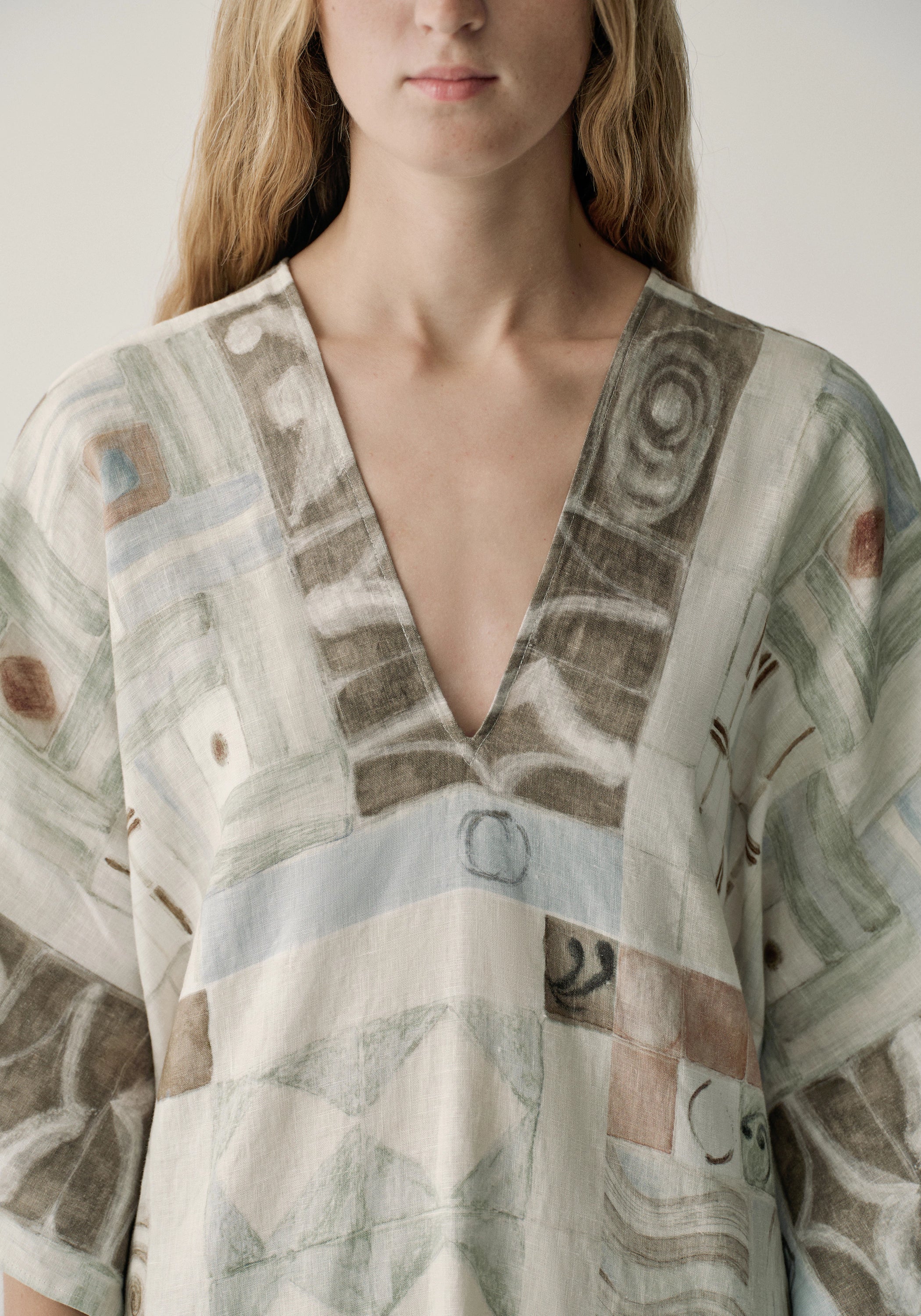 Patterned Linen Draped Dress - Image 6