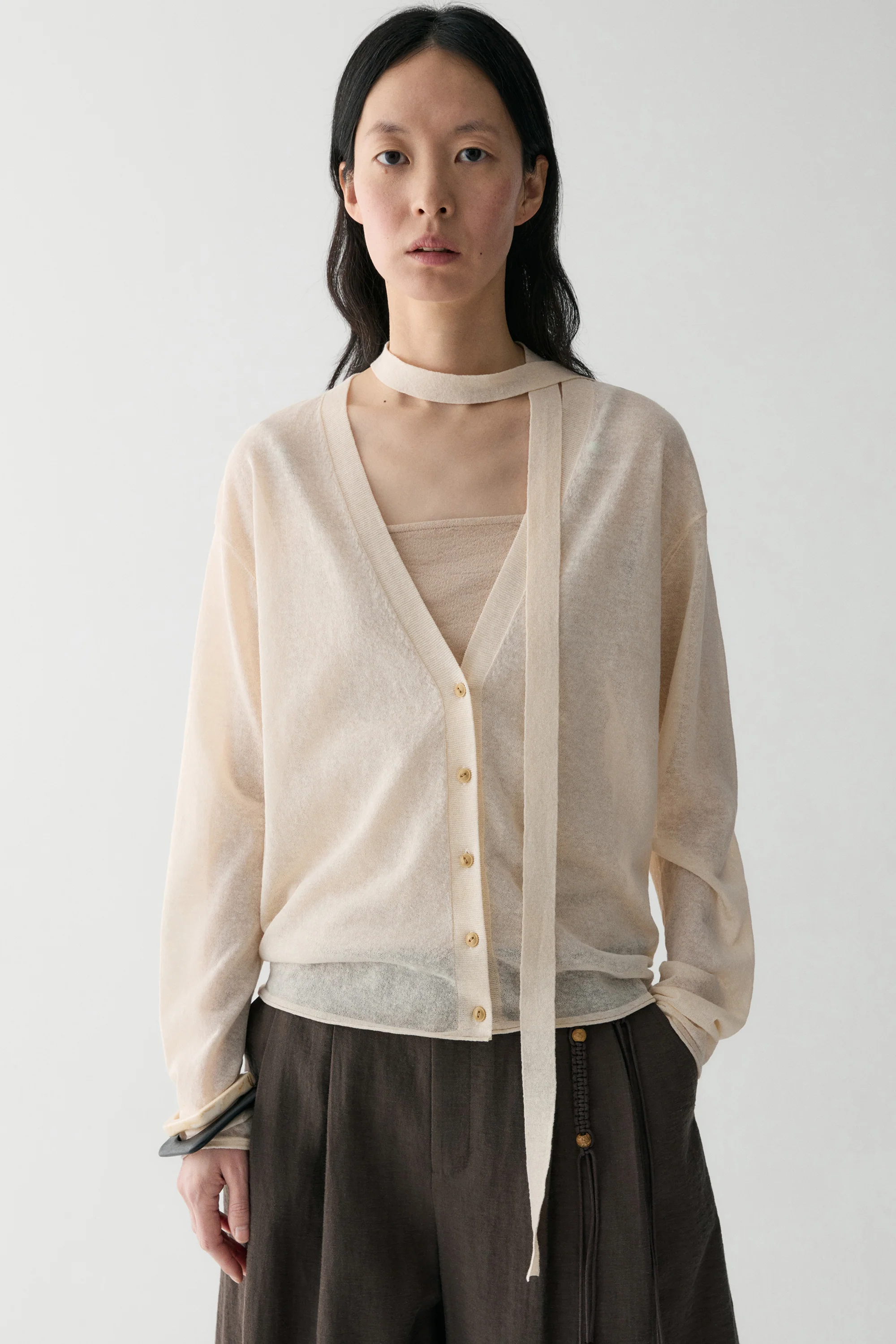 Neck-tie Cotton-linen Cardigan - Image 3
