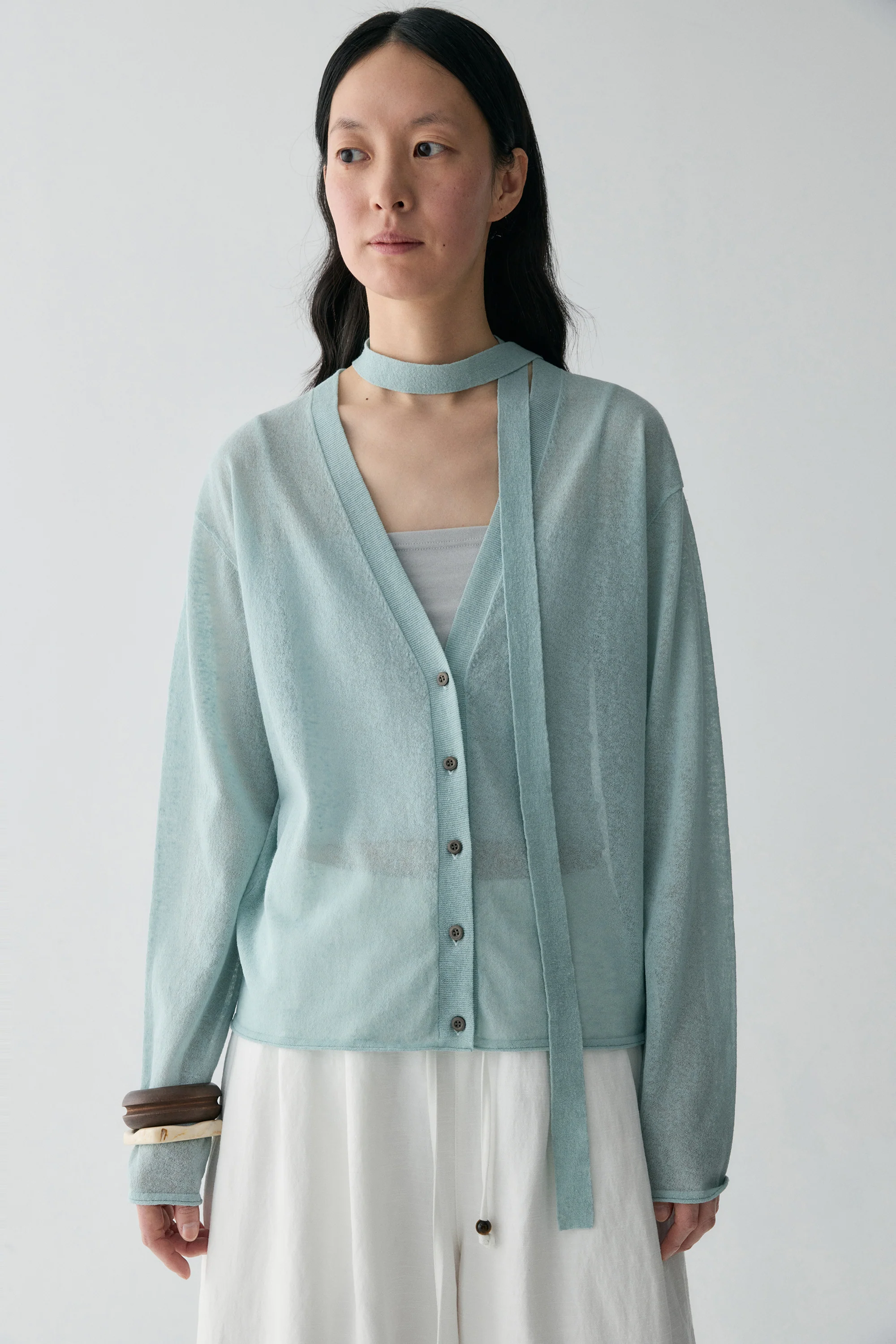 Neck-tie Cotton-linen Cardigan - Image 4