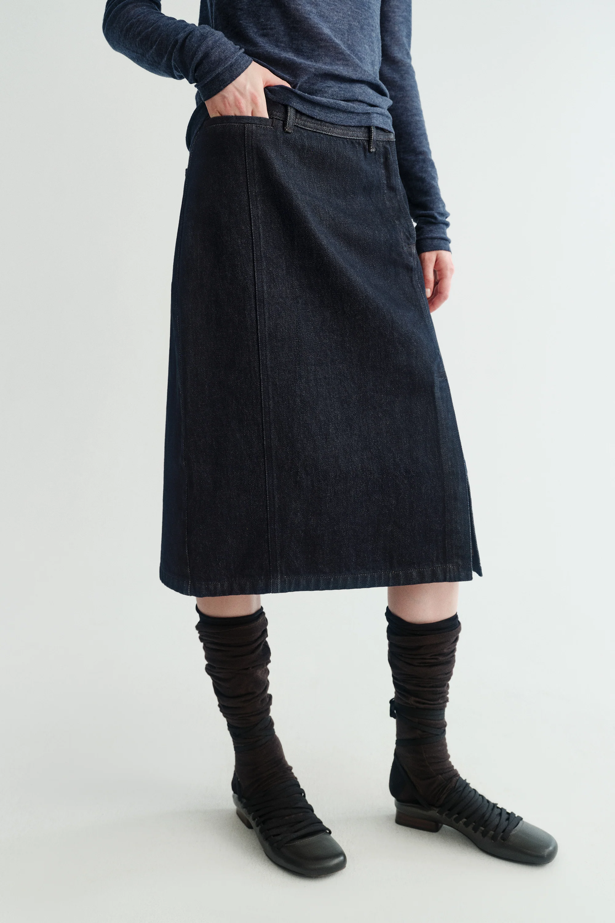 Side-slit Denim Midi Skirt - Image 17